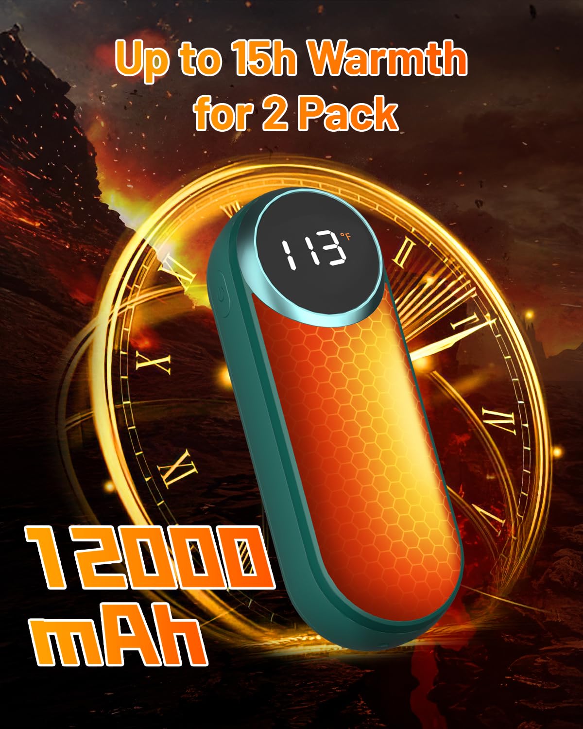 Calentadores de manos recargables, calentadores de manos eléctricos de 12000 mAh con luz, paquete de 2 manos calientes de bolsillo reutilizables hasta 20 horas, calentador portátil de calor de doble