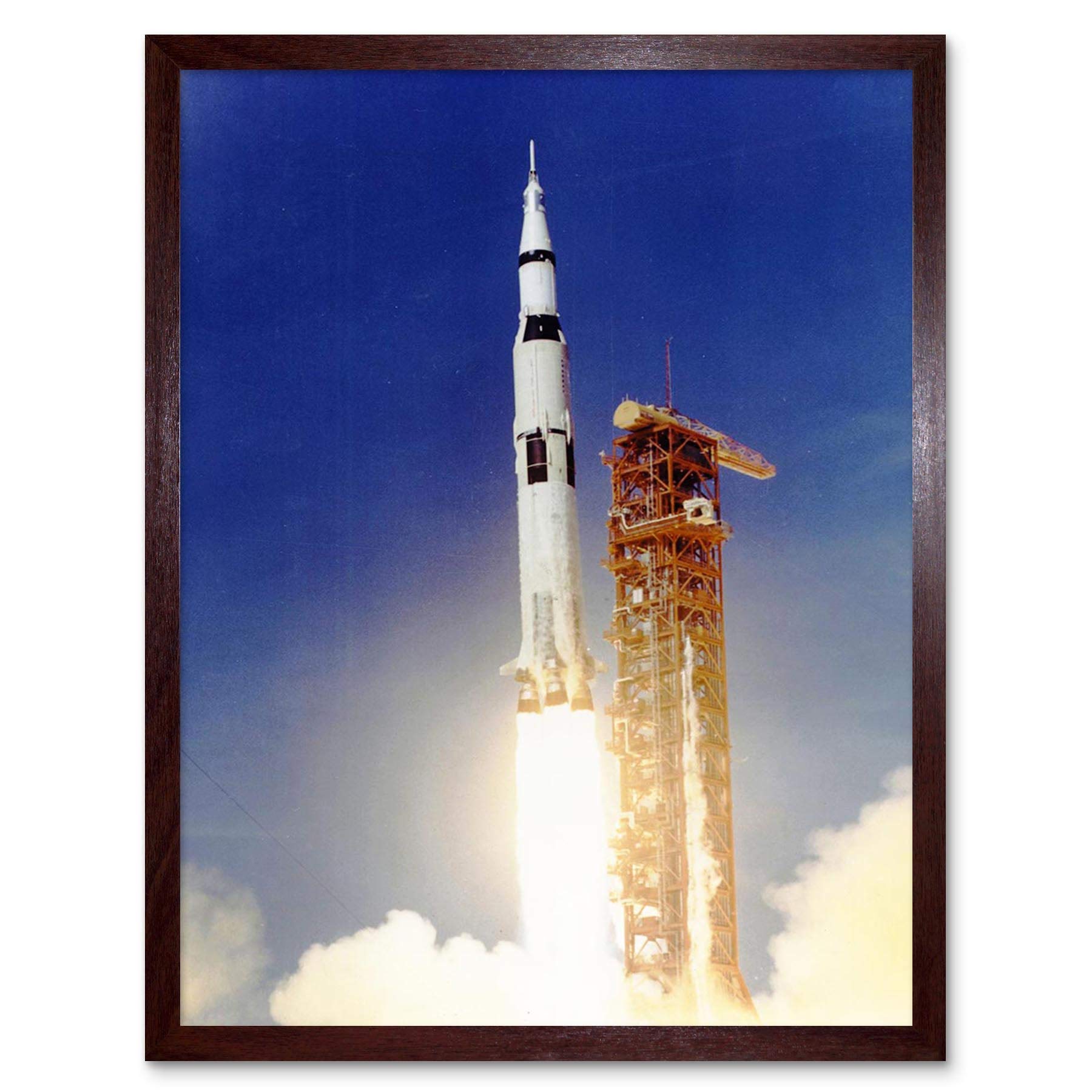 Wee Blue Coo Space Apollo 11 Launch Saturn V Rocket Blast Thrust Flame USA Art Print Framed Poster Wall Decor 12X16 Inch
