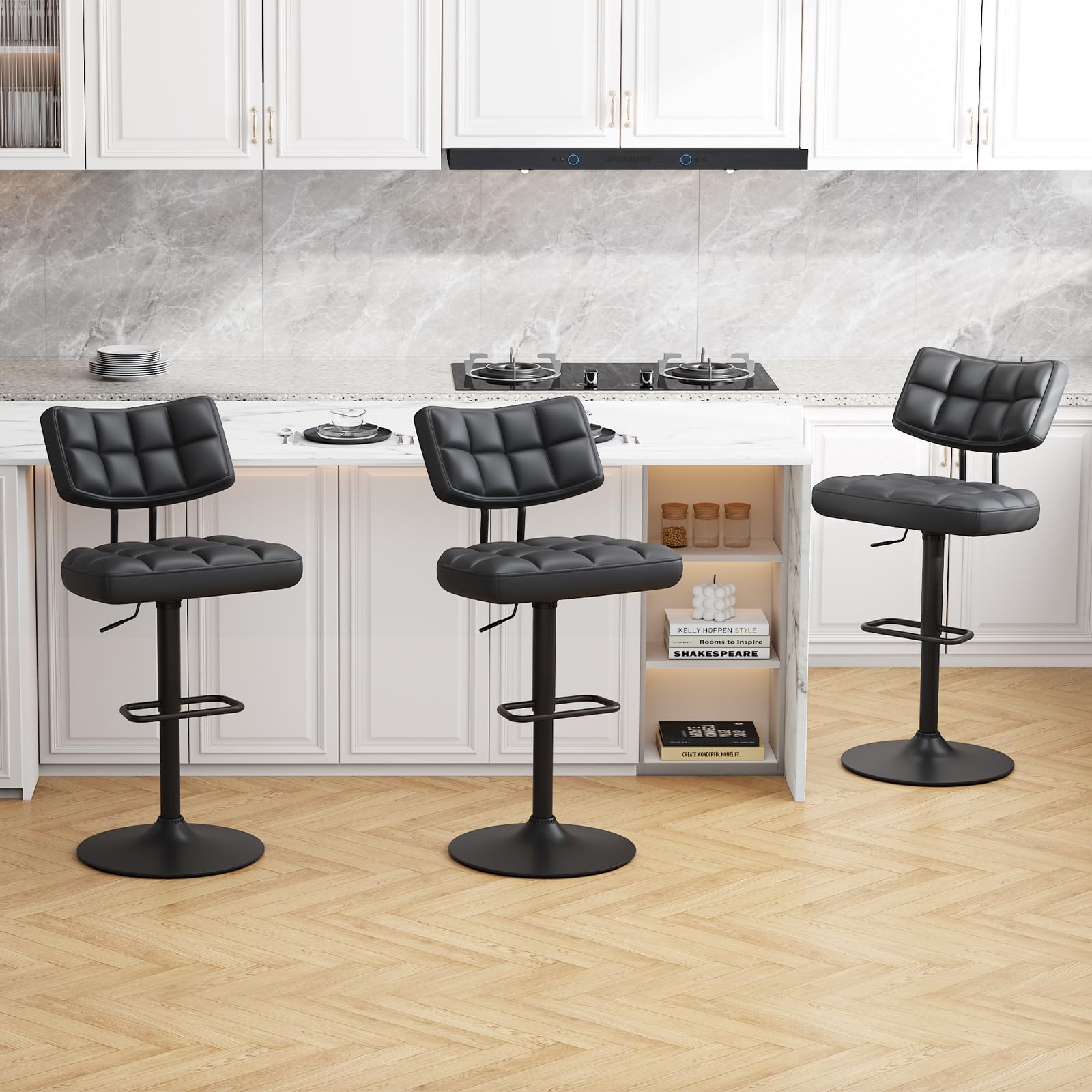 Lot de 2 Tabourets de Bar Noir - Bar Réglables en Hauteur Modernes, Chaise de Bar Chaise Haute Bar- Tabouret Ilot Central Cuisine, avec Dossier et Repose-Pieds, Salle à Manger, PU