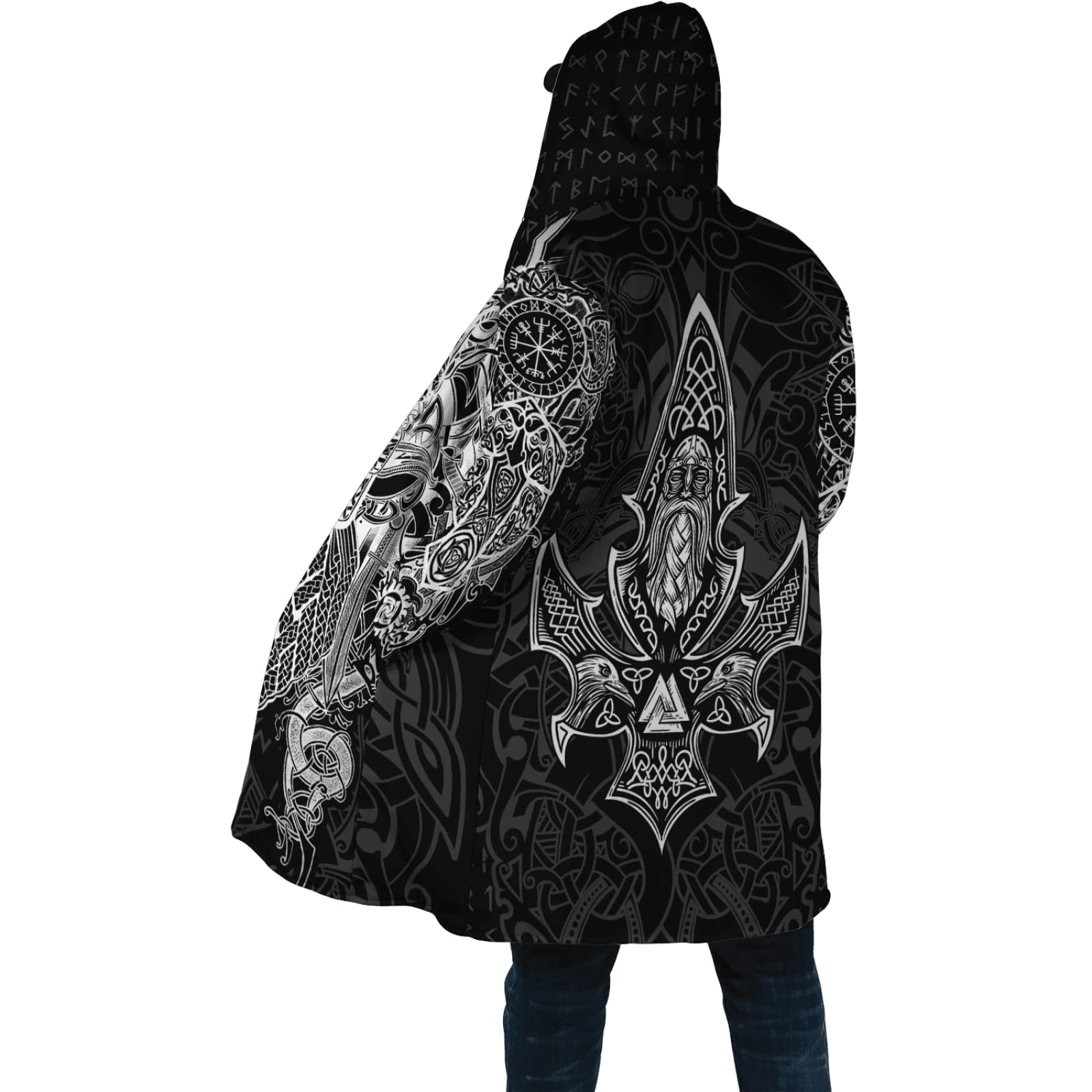 Veste Cape Viking à Capuche - Manteau D'Hiver Polaire Sherpa - Imprimé Celtique Loup Corbeau - Coupe-Vent Chaud