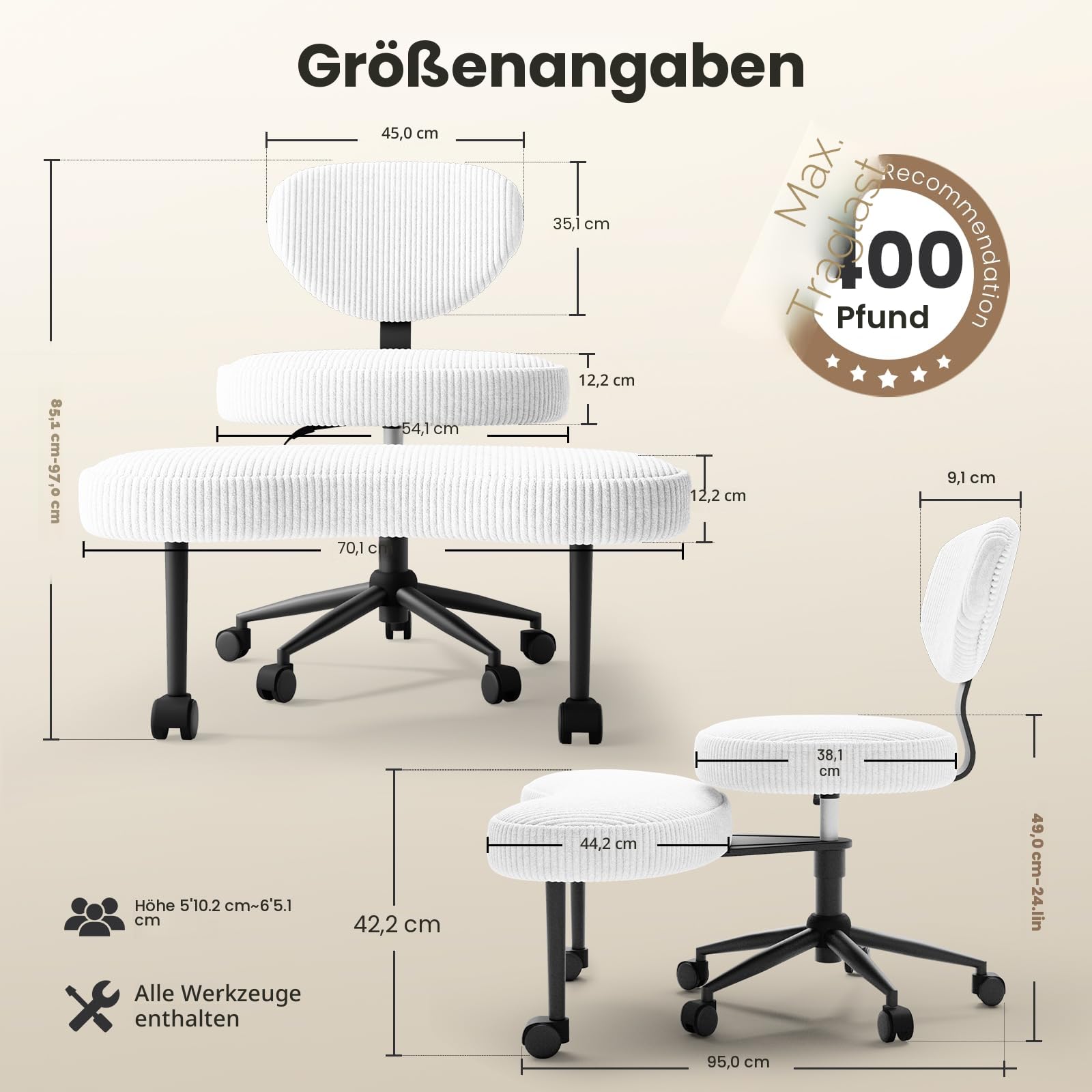 HOMRELEXA Bürostuhl mit Kreuzbeinen, 360° drehbar, Ergonomischer Kniestuhl, Criss Cross Schreibtischstuhl mit Verstellbarer Höhe, ADHS-Meditationsstuhl mit Rückenstütze, Cordstoff, Weiß