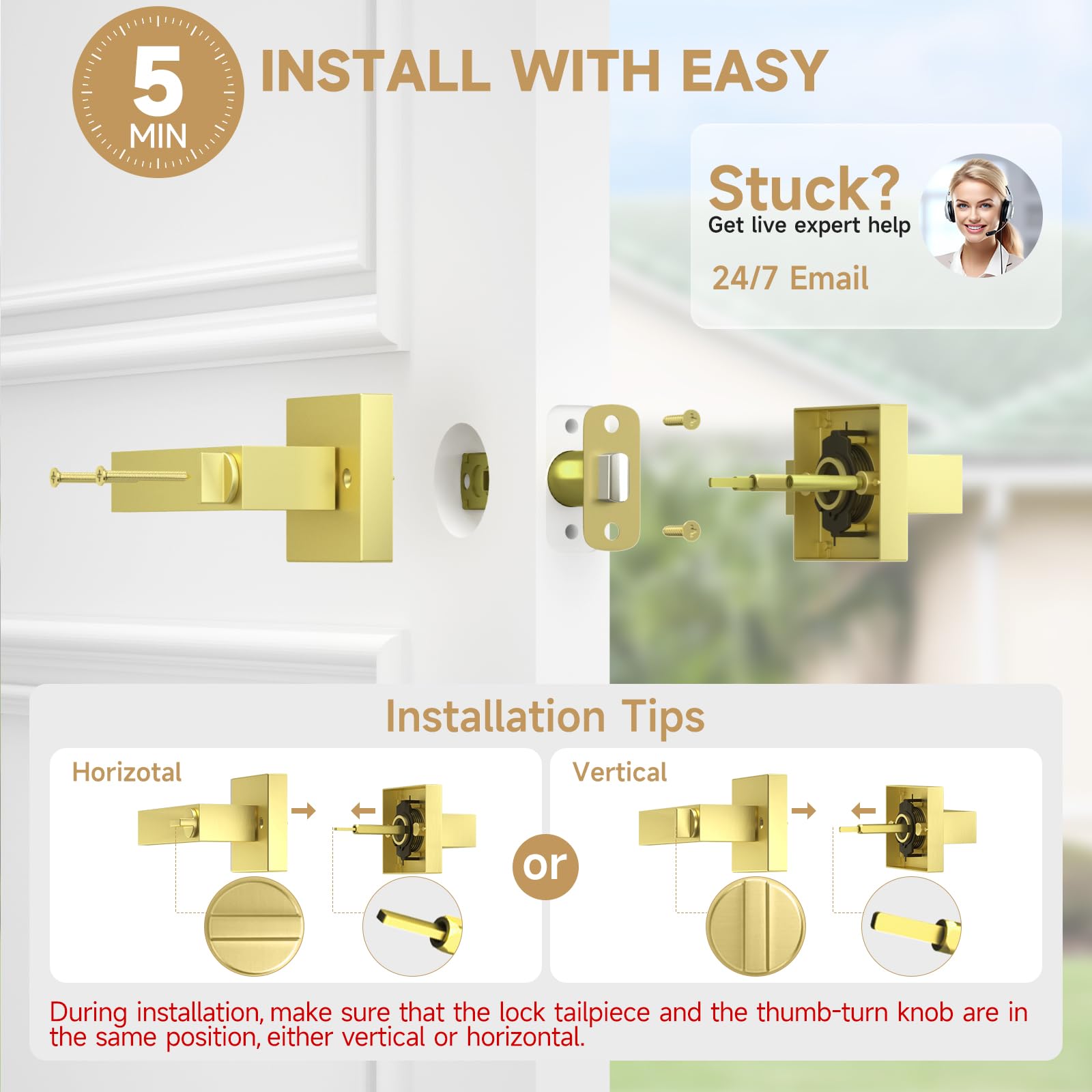 Satin Brass Door Knobs - 10 Pack Privacy Locks -6