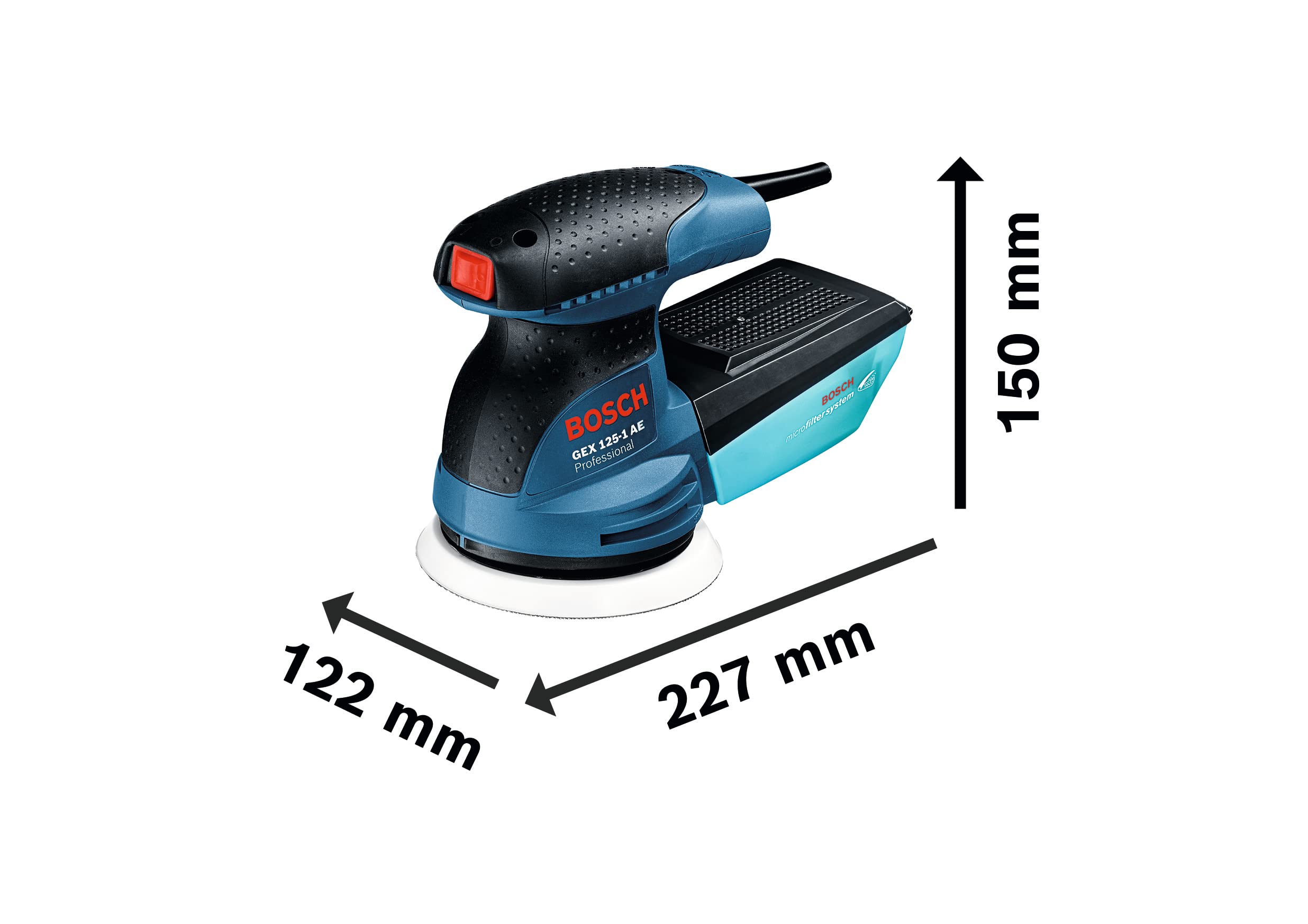Bosch Professional: szlifierka mimośrodowa GEX 125-1 AE (250 W, średnica talerza szlifierskiego 125 mm, 1 papier ścierny, pojemnik z mikrofiltrem)