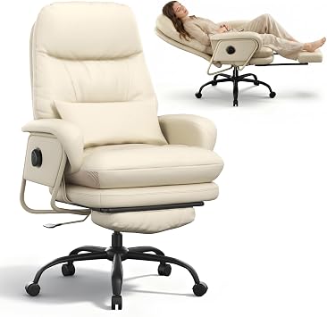 SANODESK Ergonomic Office Chair, Executive Chair with Premium Leather High Back Recliner Desk Chair with Retractable Footrest & Lumbar Support Pillow, 90 -165  Adjustable Tilt for Home Office, Beige