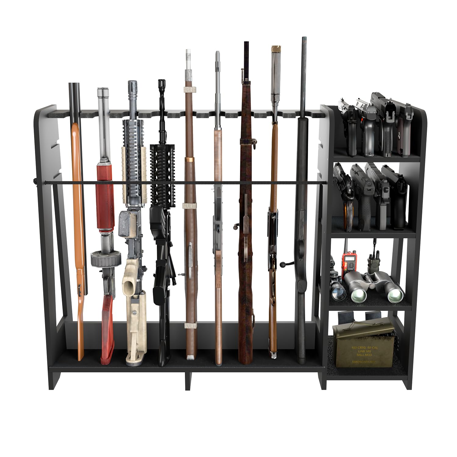 Prometis Gun Storage Racks - Freestanding Floor Wooden Rifle Rack with Pistol Shelves, 9+8 Slots Adjustable Height Storage Solutions and Gun Room Display Stand, Holds up to 9 Long Guns and 8 Handguns