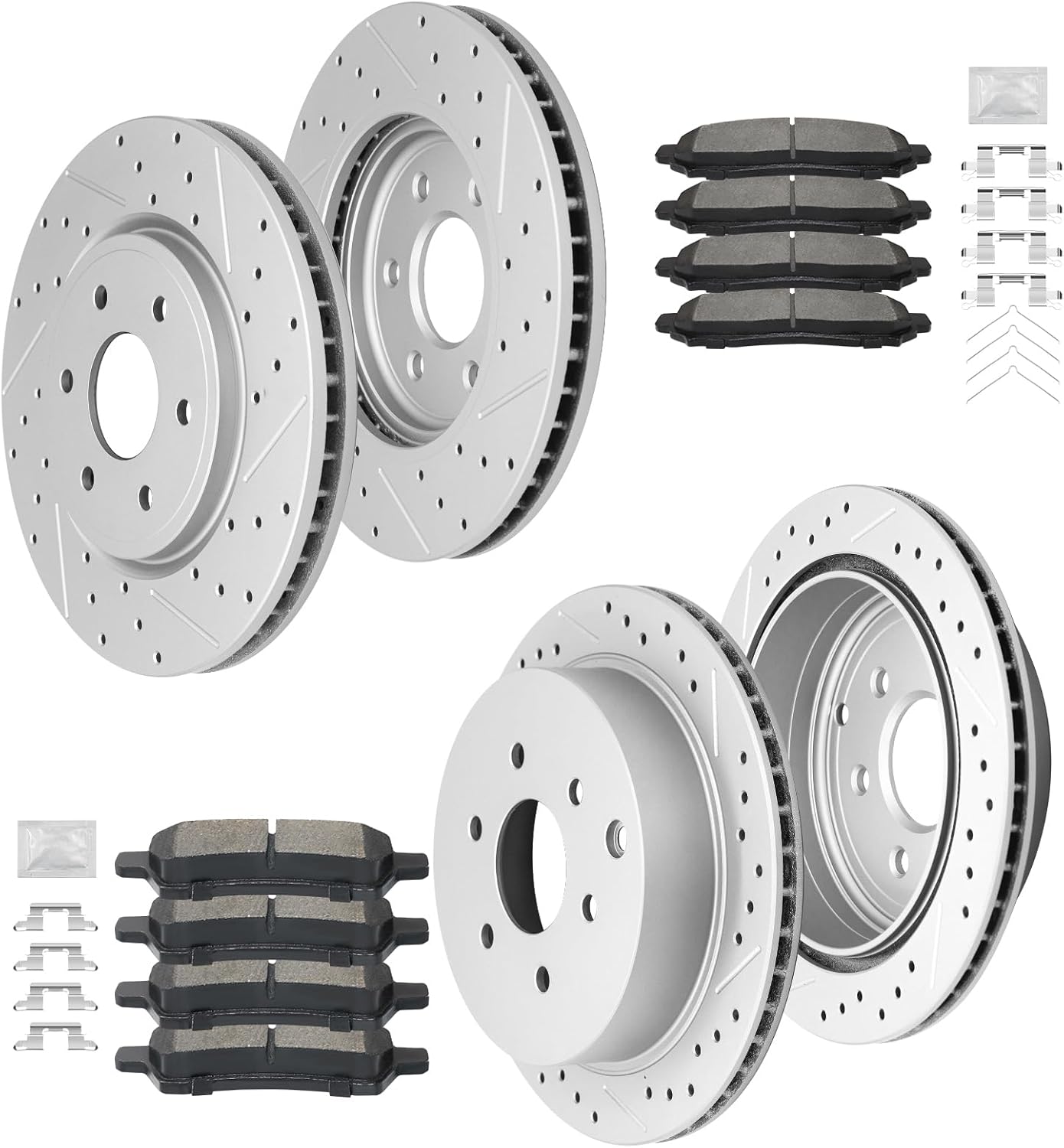 Front and Rear Brake Kit, Ceramic Brake Pads and Drilled and Slotted Brake Rotors, Compatible With 2005-2023 Nissan Frontier, 2005 2008-2015 Nissan Xterra, 2009-2012 Suzuki Equator 4.0L