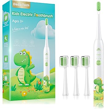 Kids Electric Toothbrush Rechargeable Age 3-5-6-12-18 Year Old, Dinosaur Toothbrush for Kids with Timer 3 Modes 4 Vibrating Heads Habit Stickers 31000VPM Boys Electric Toothbrush Dinosaur White
