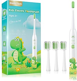 Zahnbürste Elektrisch Kinder ab 3-6-10-12 Jahre, Kinderzahnbürste Elektrisch mit Timer Gewohnheitsbildende Sticker 3 Modi Schallzahnbürste Kinder Jungen Wiederaufladbar (Dinosaurier Weiß)
