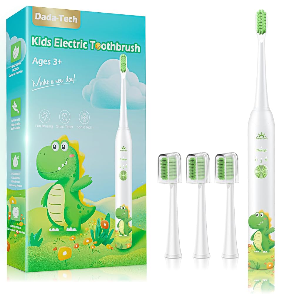 Kids Electric Toothbrush Rechargeable Age 3-5-6-12-18 Year Old, Dinosaur Toothbrush for Kids with Timer 3 Modes 4 Vibrating Heads Habit Stickers 31000VPM Boys Electric Toothbrush (Dinosaur White)
