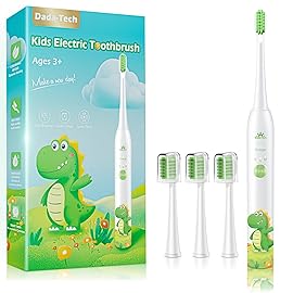 Kids Electric Toothbrush Rechargeable Age 3-5-6-12-18 Year Old, Dinosaur Toothbrush for Kids with Timer 3 Modes 4 Vibrating Heads Habit Stickers 31000VPM Boys Electric Toothbrush (Dinosaur White)