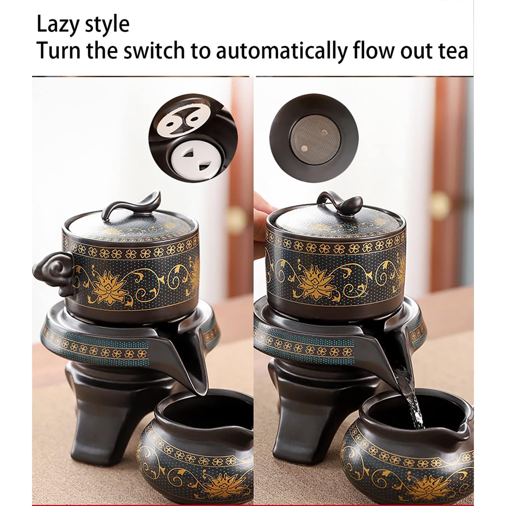 ZALTAS Juego de té de cerámica China Kungfu, diseño de Molino de Piedra semiautomático, Tetera de cerámica Hecha a Mano, 6 Tazas de té japonés de Kung Fu, Juego de s A