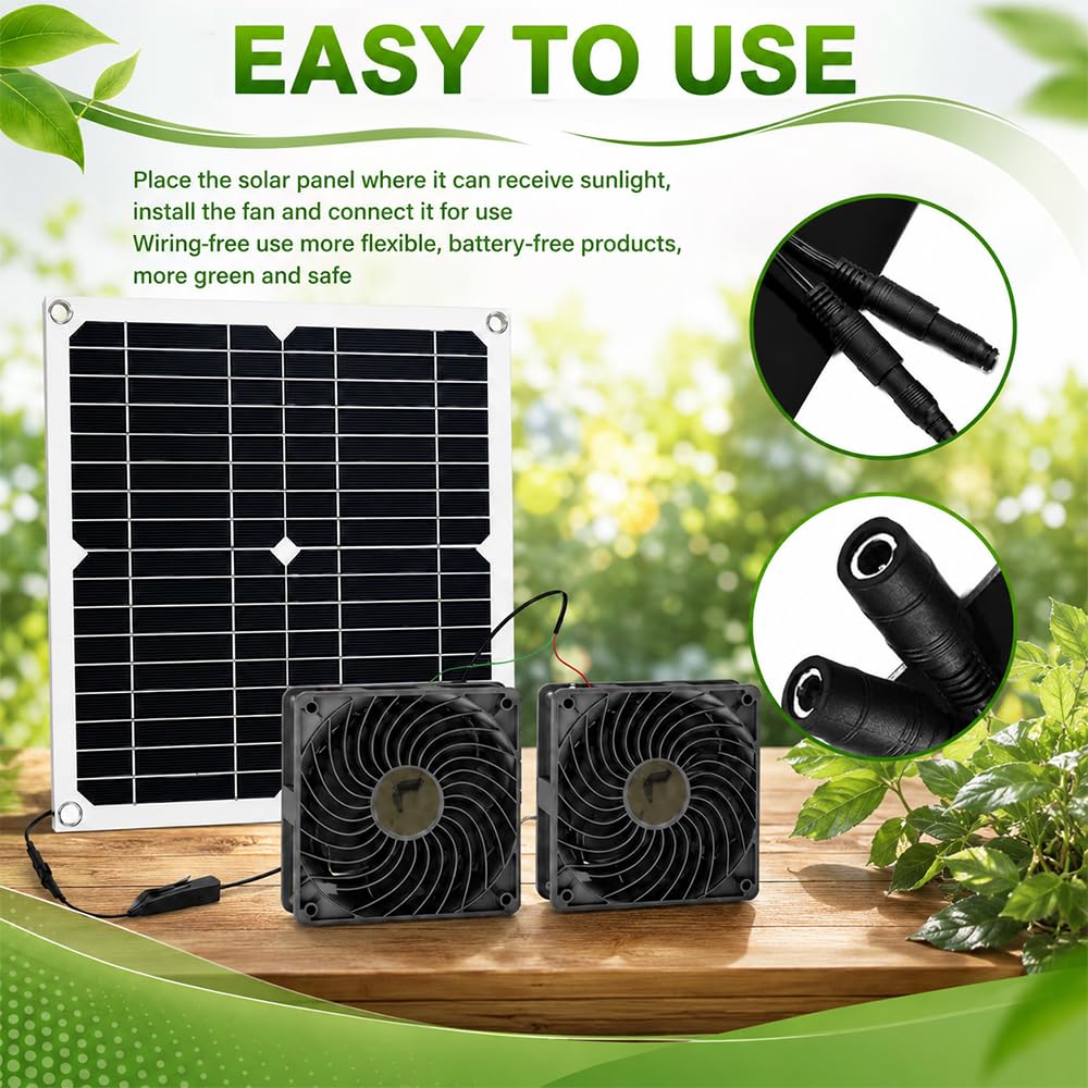 Solar Ventilator Gewächshaus, 16W Solarlüfter Gartenhaus mit DC Doppelventilator, Ventilator Solarbetrieben mit Saugnapf und Haken für Kleine Hühnerställe, Fenster Auspuff, Gewächshaus Zubehör