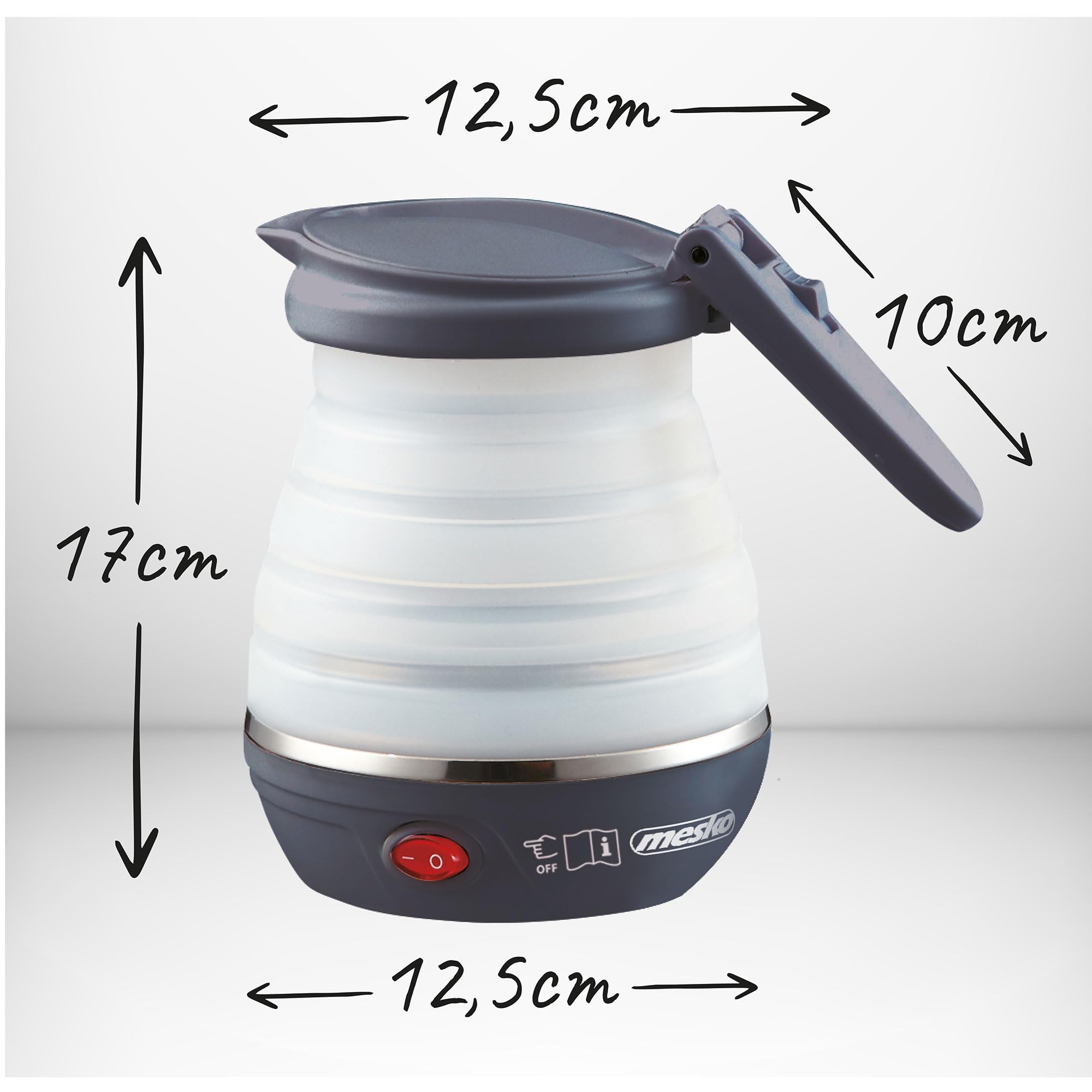 Mesko MS1375 Bouilloire Électrique Pliable, 0,6 litre, Silicone, sans BPA, Élément Chauffant Cachée, Couvercle Automatique, Idéale pour les Voyages et Camping 750W, Blanc