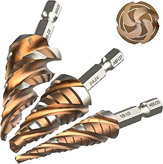 Bestwork M35 Cobalt HSS Step Drill Bit, Four Spiral Flute Unibit Step Bits Set 1/8"-7/8" with Wear-Resistant TiAlN Coated, 1/4" Hex Shank for Metal, Carbon Steel, Stainless Steel, Wood, Plastic (3Pcs)