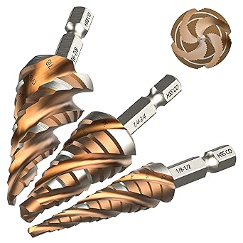 M35 Cobalt HSS Step Drill Bit Set, Four Spiral Flute Unibit Step Bits 1/8"-7/8" with Wear-Resistant TiAlN Coated, 1/4" Hex Shank for Metal,Stainless Steel, Carbon Steel,Wood, Plastic 3Pcs