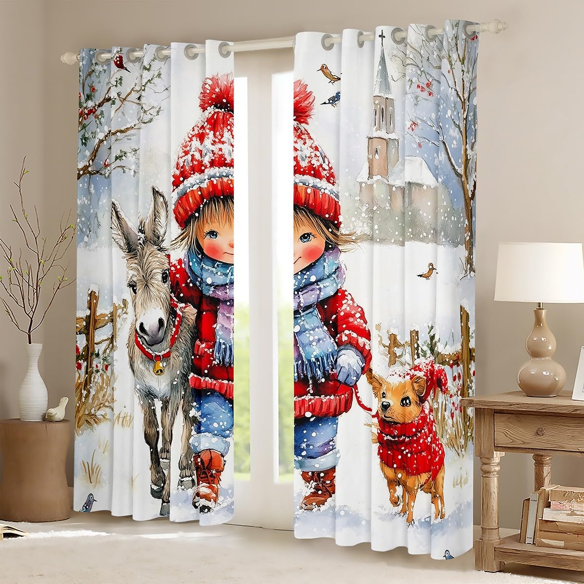 Kawaii Girl Window Curtain for Kids Farm Donkey Dog Animal Window Treatment Curtain Merry Christmas Curtains for Bedroom Winter Snow Scene Window Drapes,52Wx96L