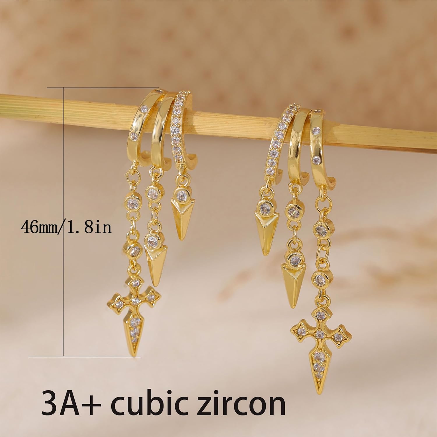 Dangle Earrings For Women,Dainty 14K Gold Plated Hypoallergenic Small Triple Huggie Hoop Earring Gothic Cute Cross Moon Star Drop Earrings For Women Trendy Gold Statement Stud Earring Jewelry - Image 4