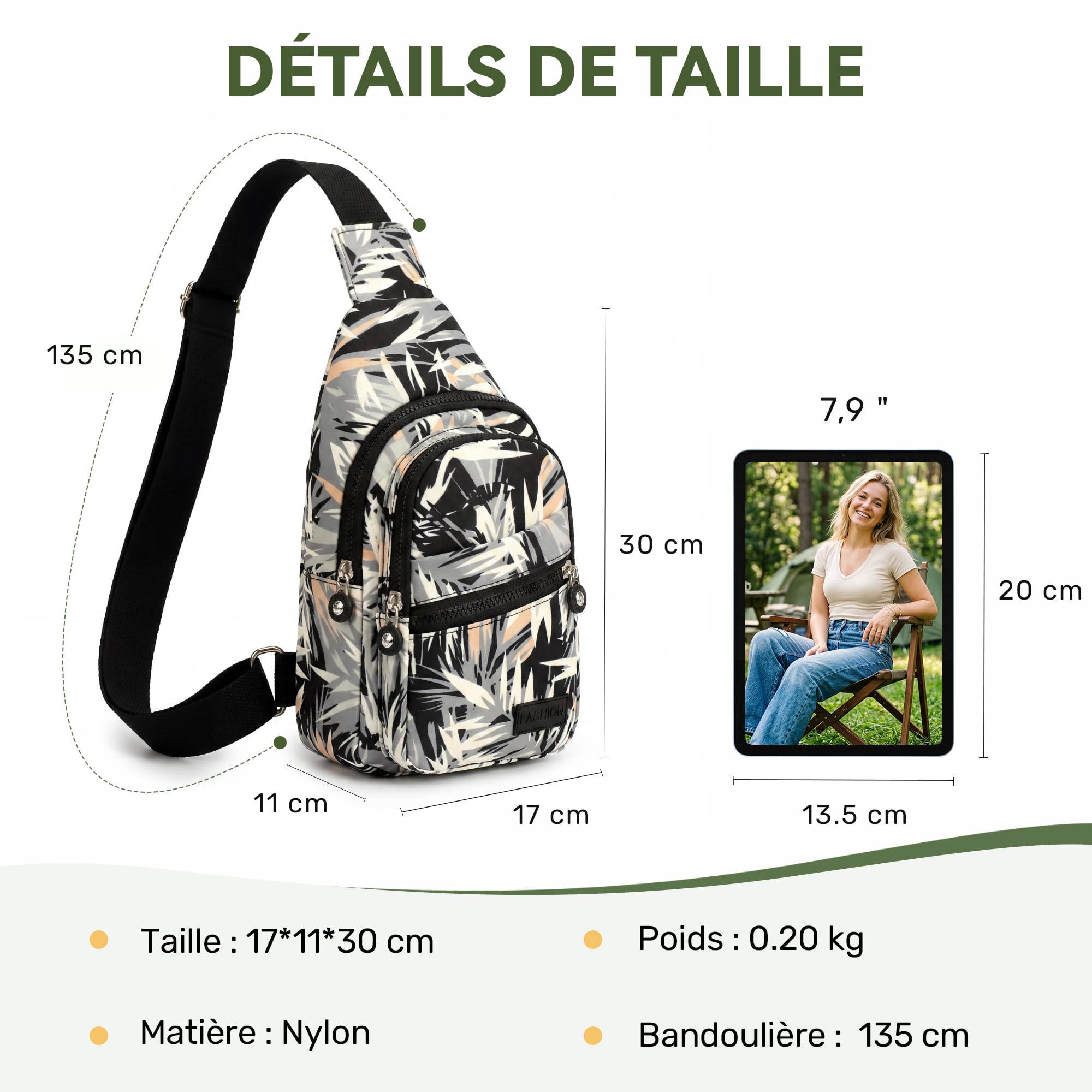 Sac de Poitrine Femme Imperméable Polyester Sling Bag Léger Crossbody pour Voyage Randonnée
