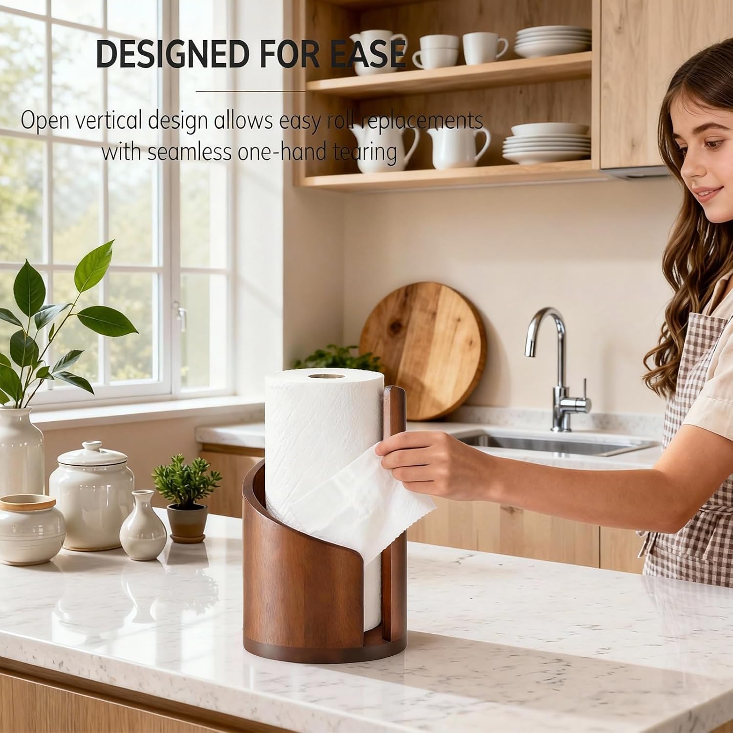 Mountain-Shaped Countertop Paper Towel Holder - Premium Pine Wood + 2 Suction Cups (2026 Updated Version) - One-Hand Tear Design, Fits Most Household Paper Towel Rolls (Brown)