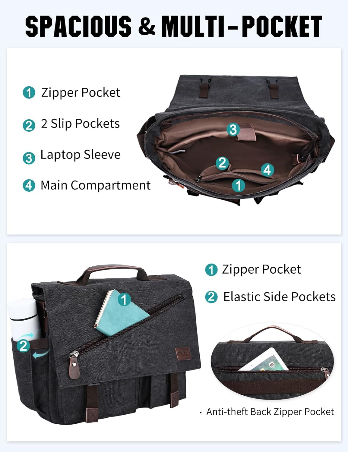 Messenger Bag for Men,Water Resistant Canvas Satchel 14 15.6 17 Inch Laptop Briefcases Business Shoulder Bag by RAVUO - Image 4