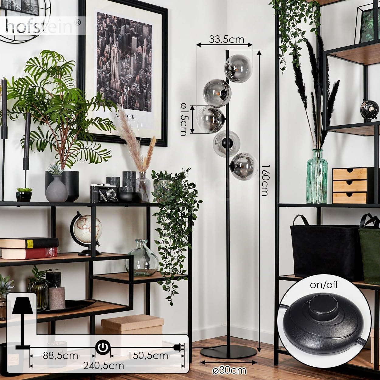Lampada a stelo Remaisnil Lampada da terra in metallo/vetro nero/fumo/trasparente, design retro/vintage con ombrelli e poggiapiedi, altezza 160 cm, 5 x G9
