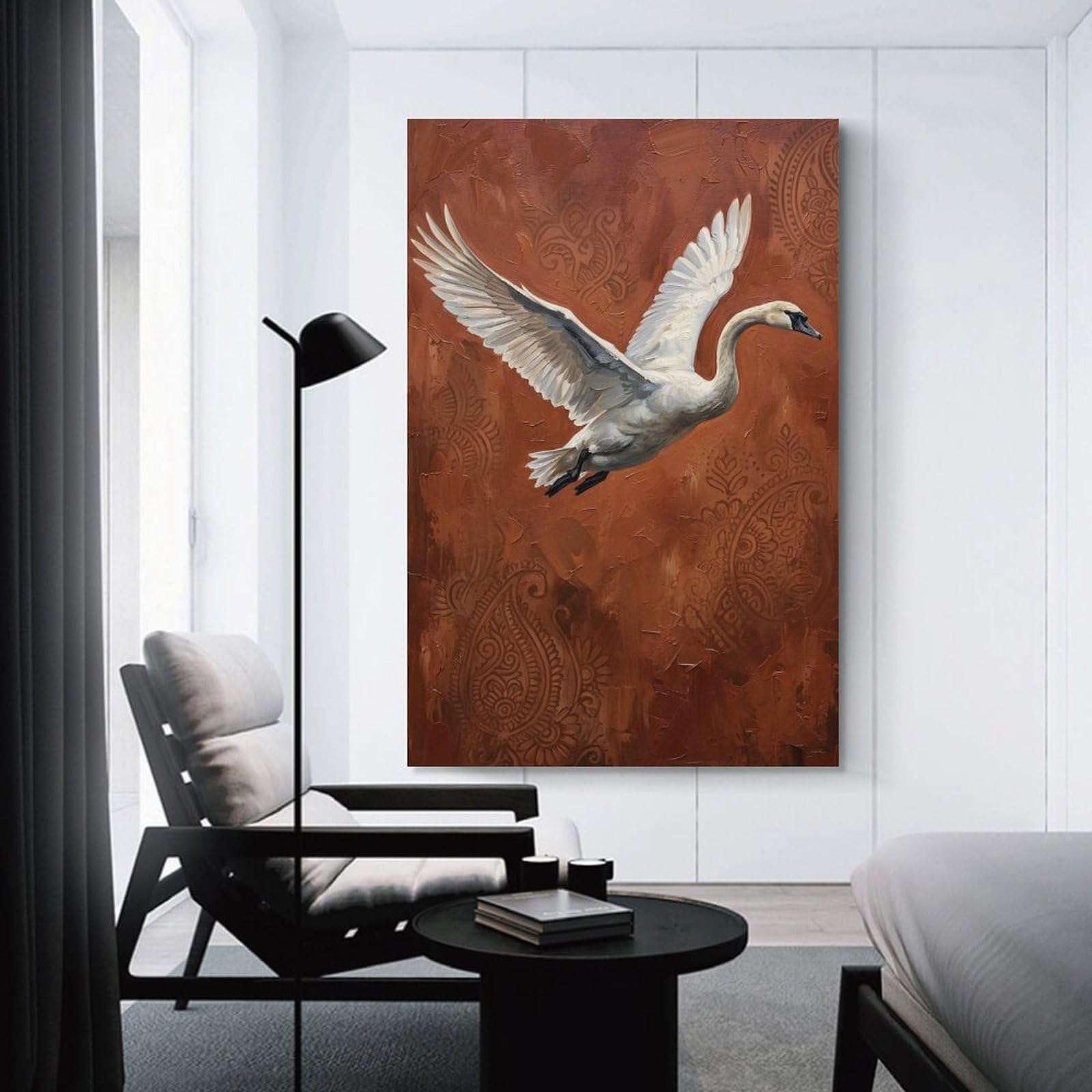 White Swan in Flight with Paisley Background Hanging Wall Art 24x36inch(60x90cm), for Study, Office Or Focused Interiors, Wall Art That Adds Style to Work Areas
