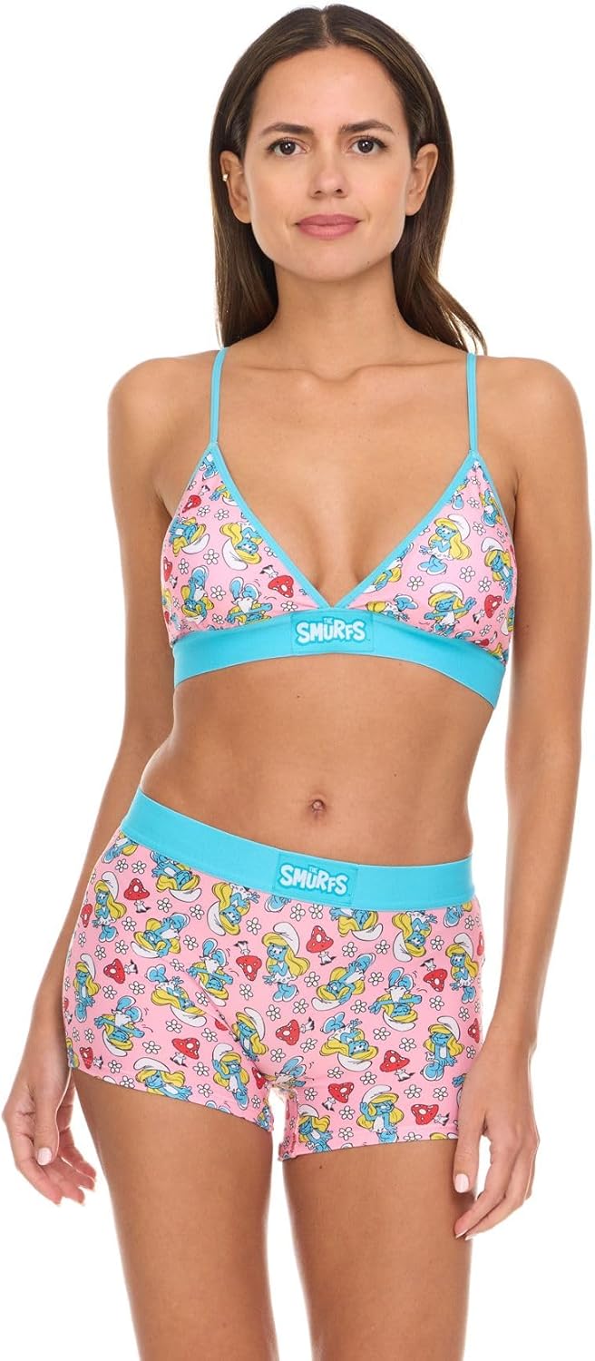 COCO BRANDS The Smurfs Women’s Sports Bra & Boxer Briefs Underwear Set - Triangle Bra with Adjustable Straps & Removable Pads