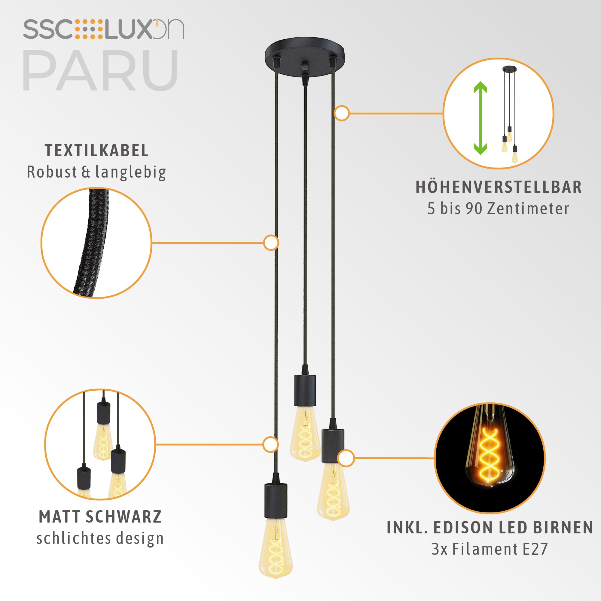 SSC-LUXon PARU Hängeleuchte 3-flammig Retro - Industrial Style Pendellampe mit Textilkabel inkl. Edison E27 Filament LED Lampen