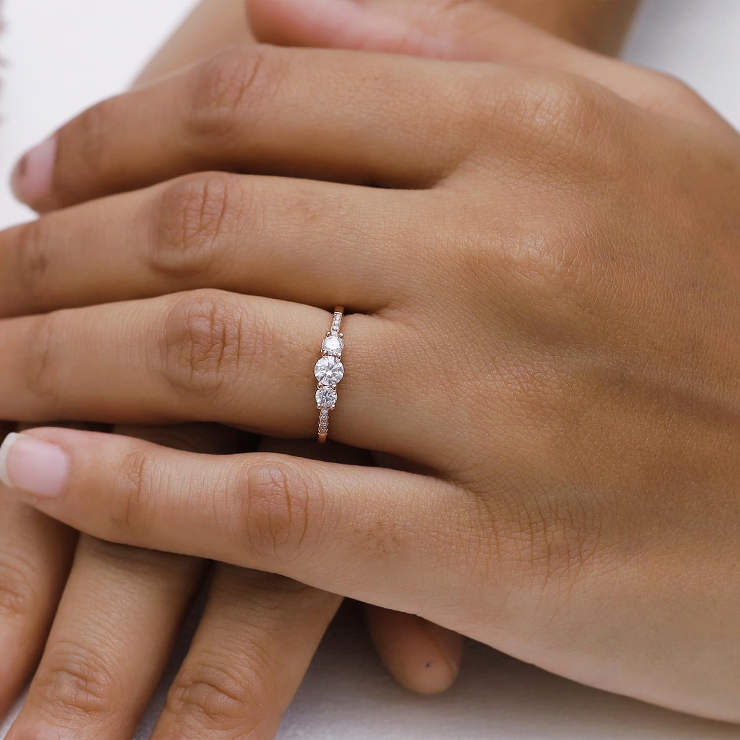 SAVEARTH DIAMONDS 3-Stone Engagement Ring for Women Round Lab Created Moissanite Dainty Promise Ring in 18K Gold Plated Jewelry Gift for Her