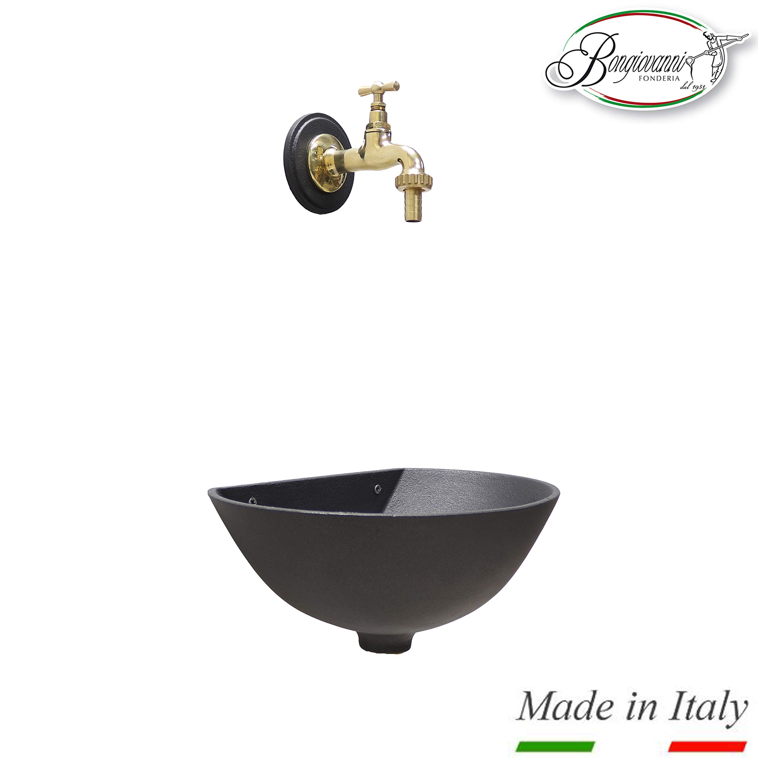 Fonderia Bongiovanni | Fontanella da giardino esterno | Lavandino da Esterno | Modello 600 195L | con Rubinetto in Ottone Lucido | per Casa Giardino| Fontana a muro da esterno