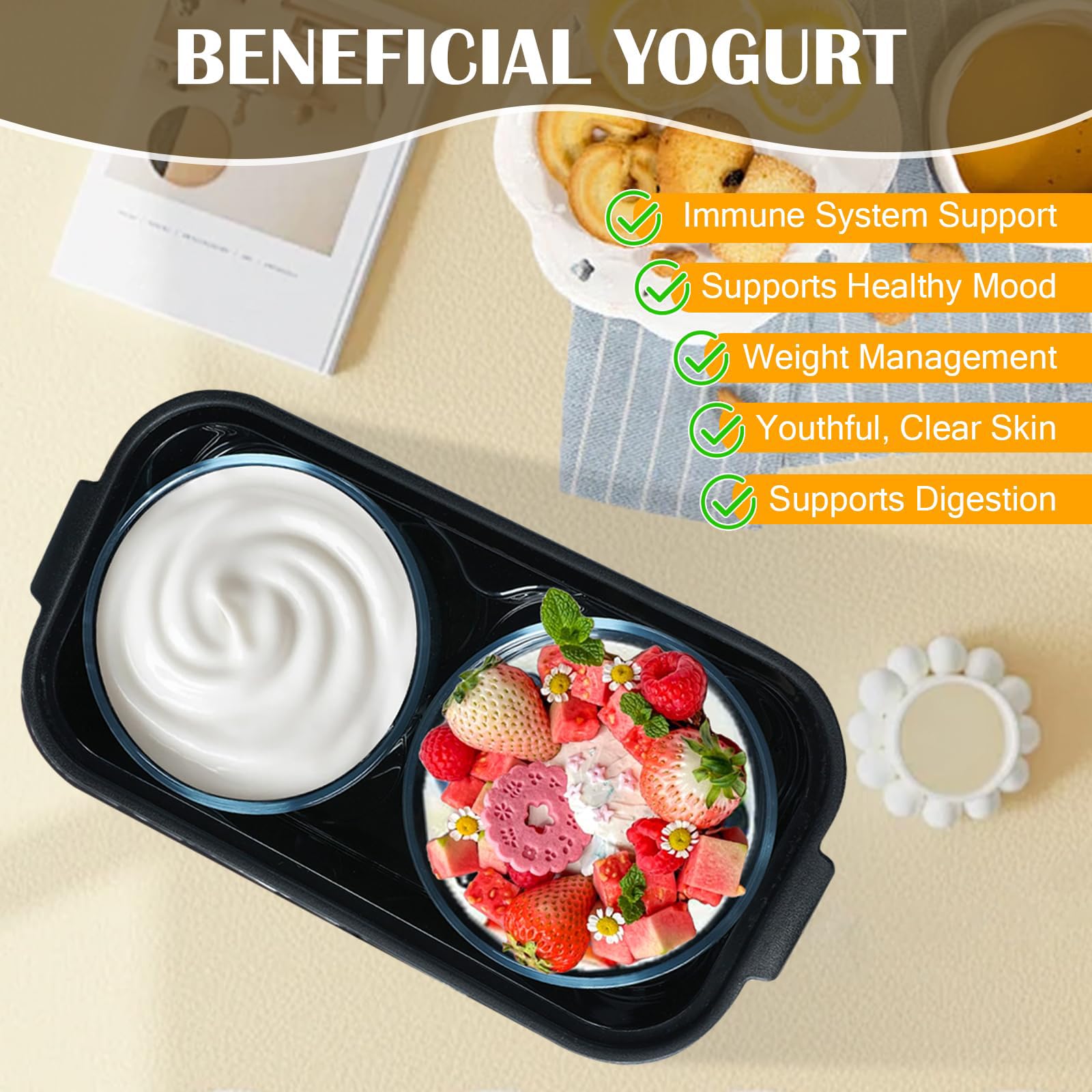 Yogurtera para Yogur Probiótico con Tiempo y Temperatura Ajustables | Incluye 2 recipientes de vidrio; máquina automática para yogur griego, ideal para preparar yogur casero saludable y postres.