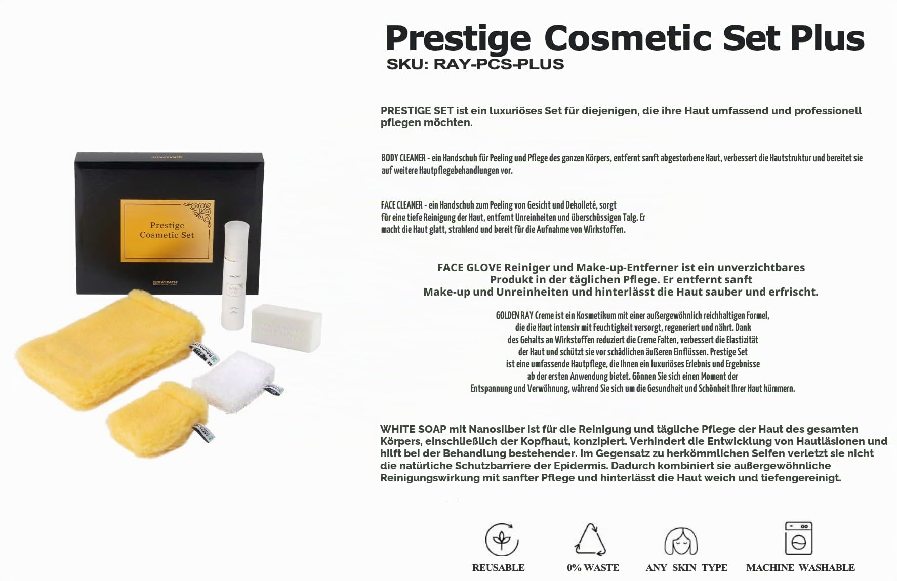 Prestige Cosmetics Plus Set – luxuriöse, ökologische Hautpflege-Kollektion mit Gesichtshandschuh, Face Glove, Face Cleaner, Body Cleaner, GoldenR
