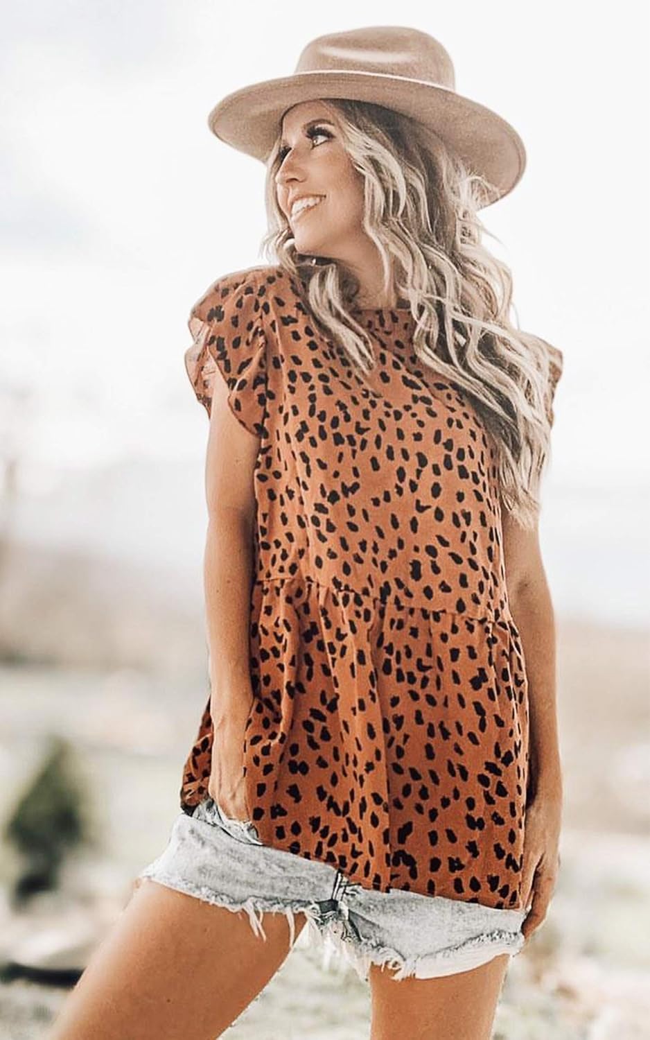 Angashion Women's Tops Casual Floral Print Cap Sleeve Ruffle Neck Loose Babydoll Shirt Blouse Tunic Top - Image 2