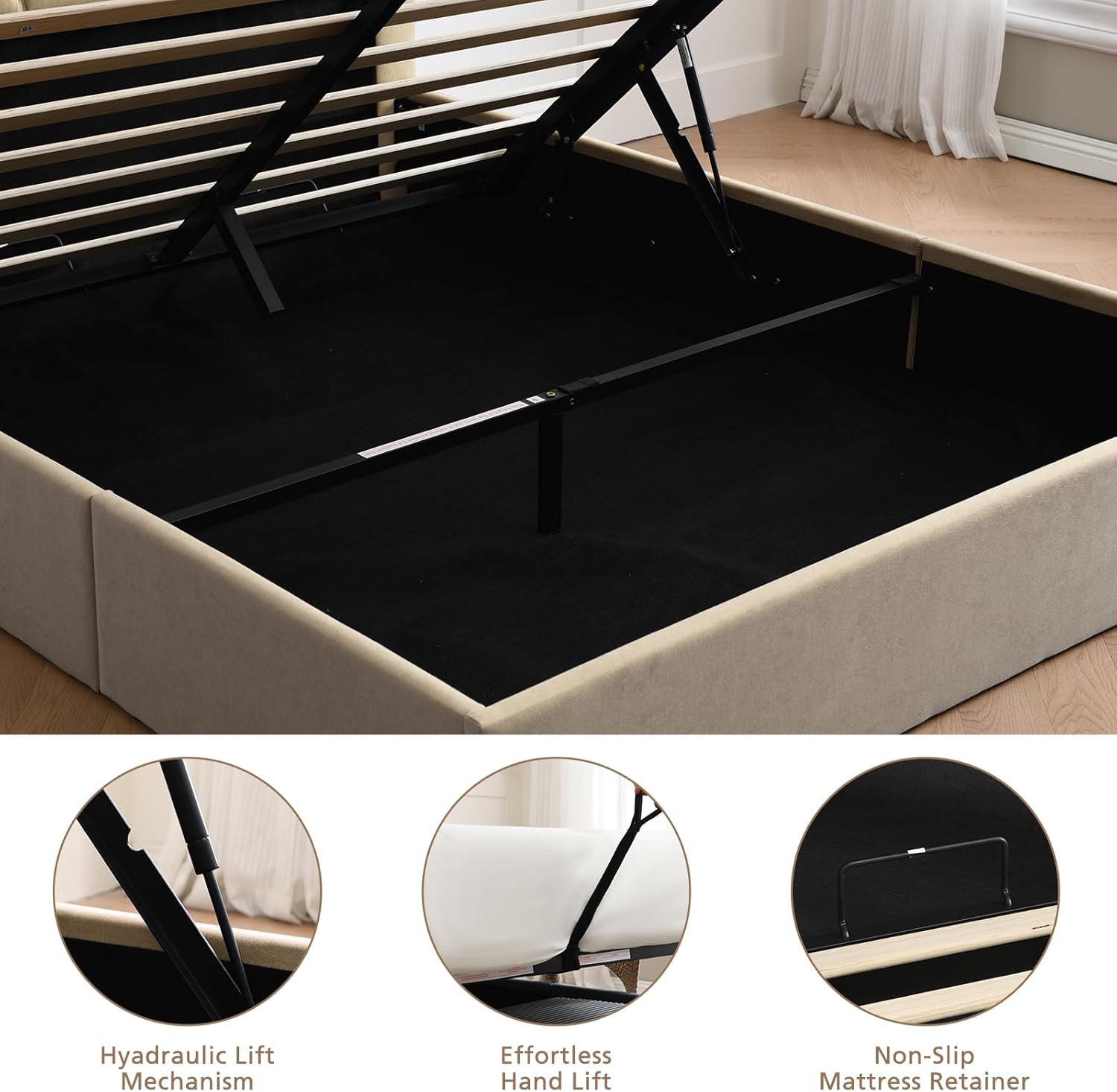 VELOCAVA Full Size Hydraulic Lift Storage Bed Frame, Beige Linen Upholstered Platform Bed with Vertical Panel Headboard, Hidden Under-Bed Storage, Wooden Slat Support, No Box Spring Needed