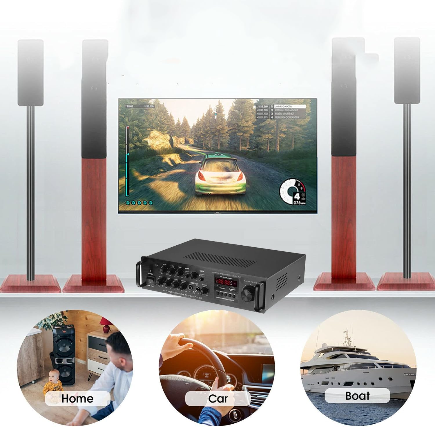 Amplificatore Domestico a 5 canali, Sistema Audio Surround HiFi con Bluetooth, Sistema Home Cinema con Display LCD e Telecomando, per Barca, teatro, Altoparlanti per Auto