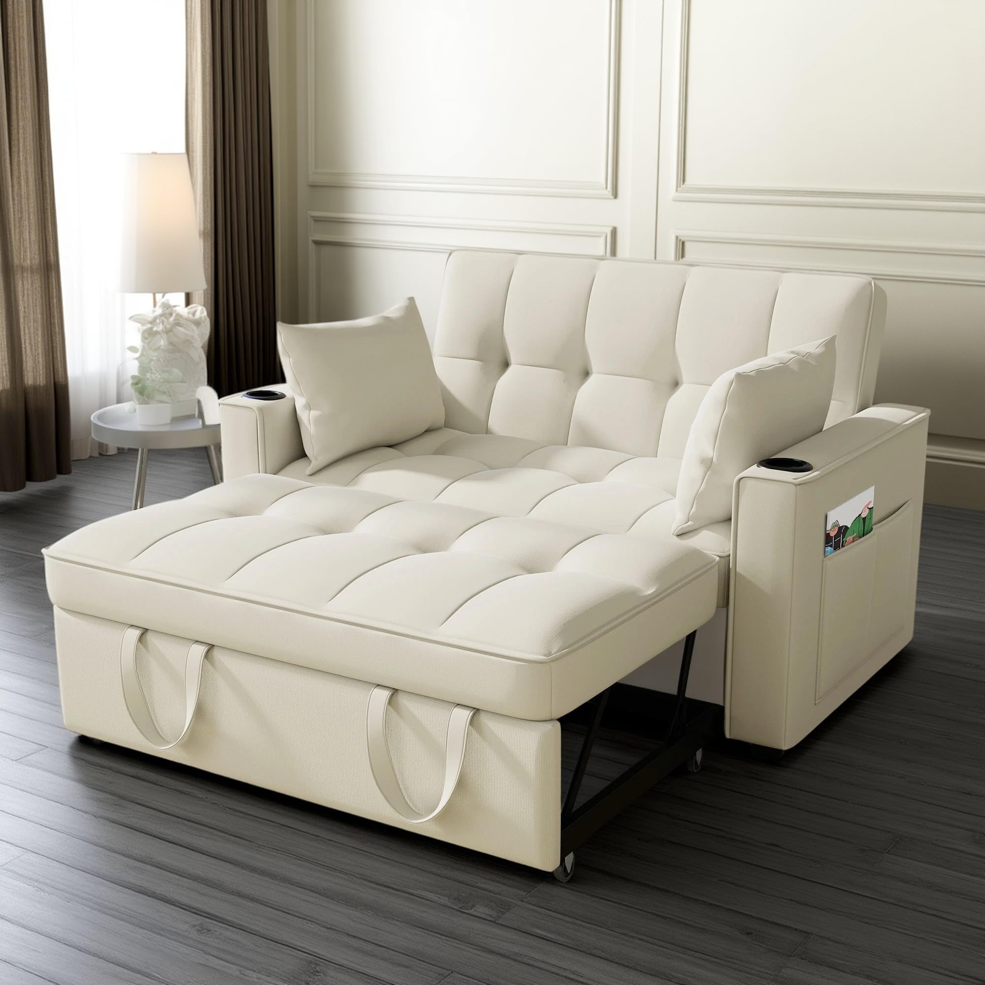 Sofá Cama Plegable, sofá Cama Multifuncional, sofá Lounge con portavasos y Cojines, para salón, Dormitorio (Beige + Terciopelo)