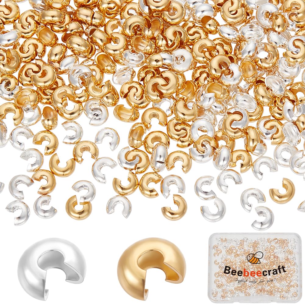 Beebeecraft 300Pcs 2 Color Crimp Bead Covers 4x3mm 24K Gold&925 Sterling Silver Plated Small Half Round Open End Crimp Bead Covers Knot Cover with Storage Box for Jewellery Making Bracelets Crafts
