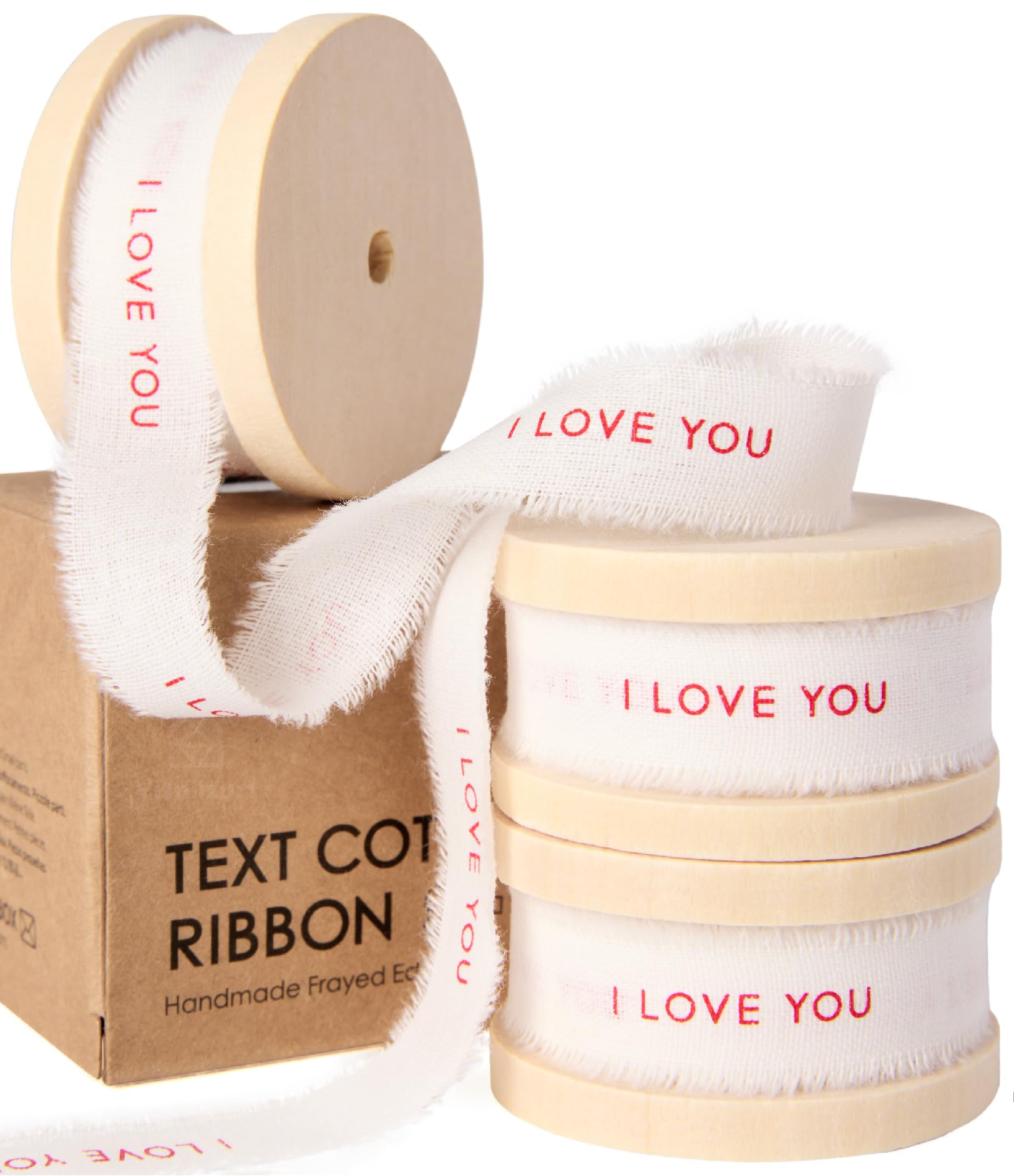 Vitalizart I Love You Cotton Ribbon 5/8 Inch, Natural Handmade Frayed Fringe Ribbons 15 Yd (3 Rolls x 5 Yd) for Gift Wrapping, Crafts, Flower Bouquets, Decoration, Valentines Day