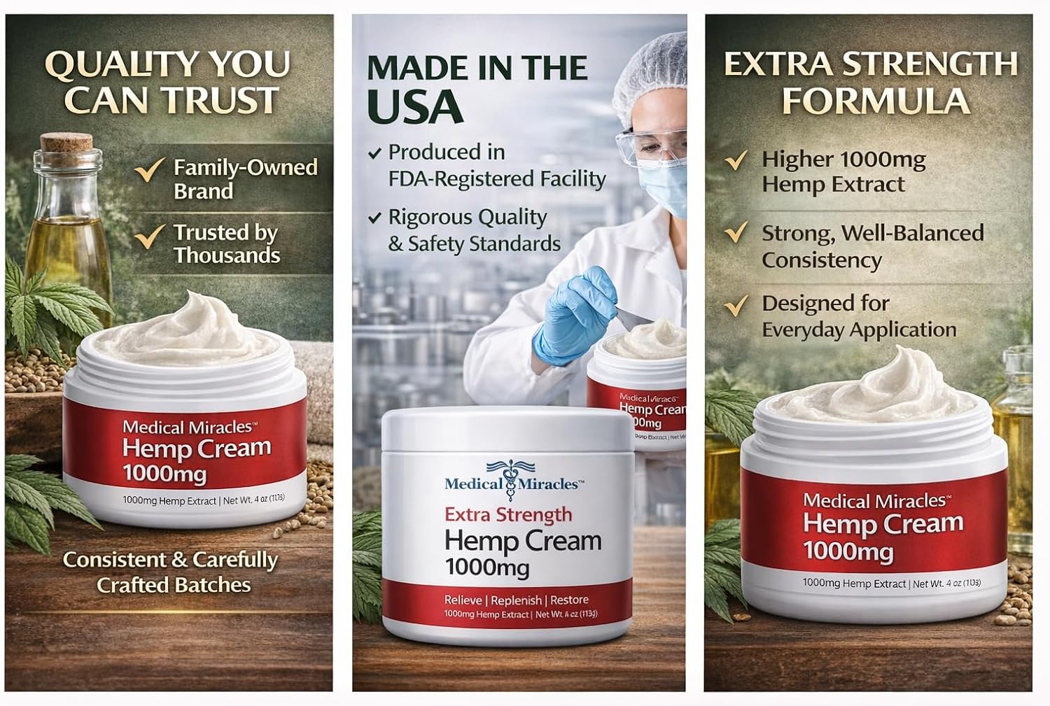 Medical Miracles Hemp Cream 1000mg – 4oz Topical Skin Cream – Fast-Absorbing, Non-Greasy Moisturizer – Premium Hemp Extract Formula for Daily Use