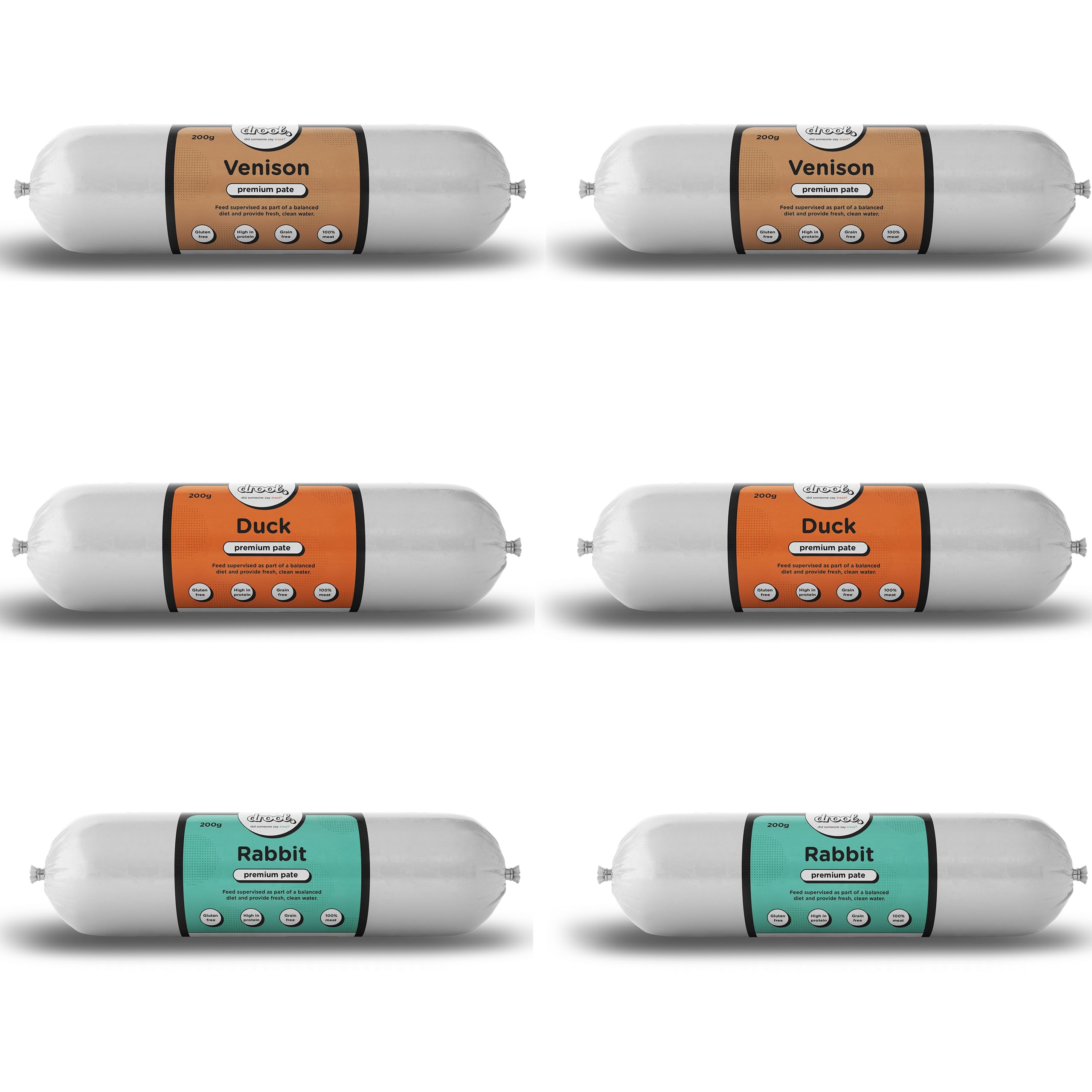 Drool Pet Products | Premium 2 Venison, 2 Duck & 2 Rabbit Dog Pate Tube Roll | Grain-Free High Protein Dog Food | Multi Pack 6 x 200g