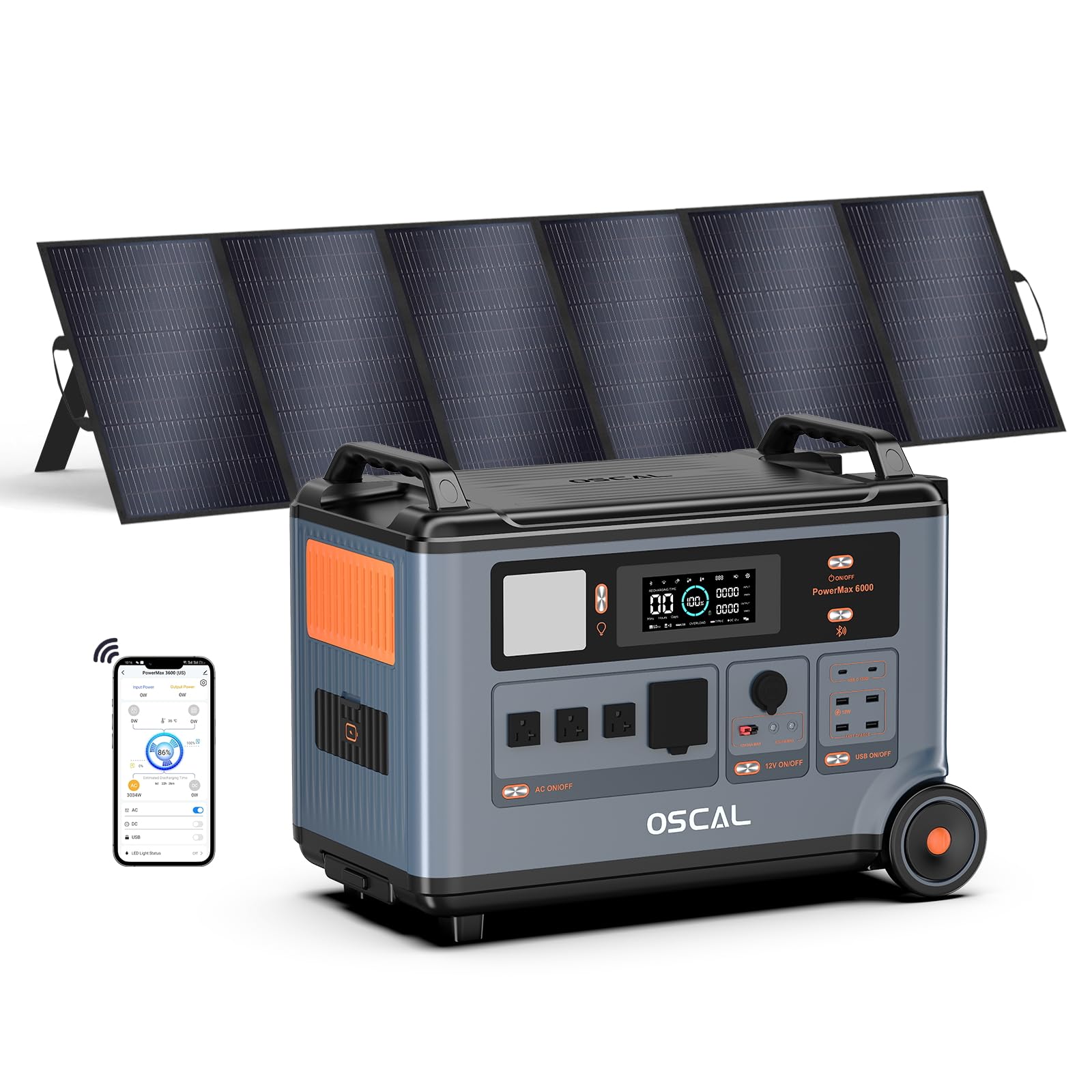 OSCAL PowerMax 6000 Solar Generator with 500W Solar Panel, 120V/240V Split Phase Voltage 6000W AC Outlets (9000W Peak), 2200W AC Charging/2400W PV