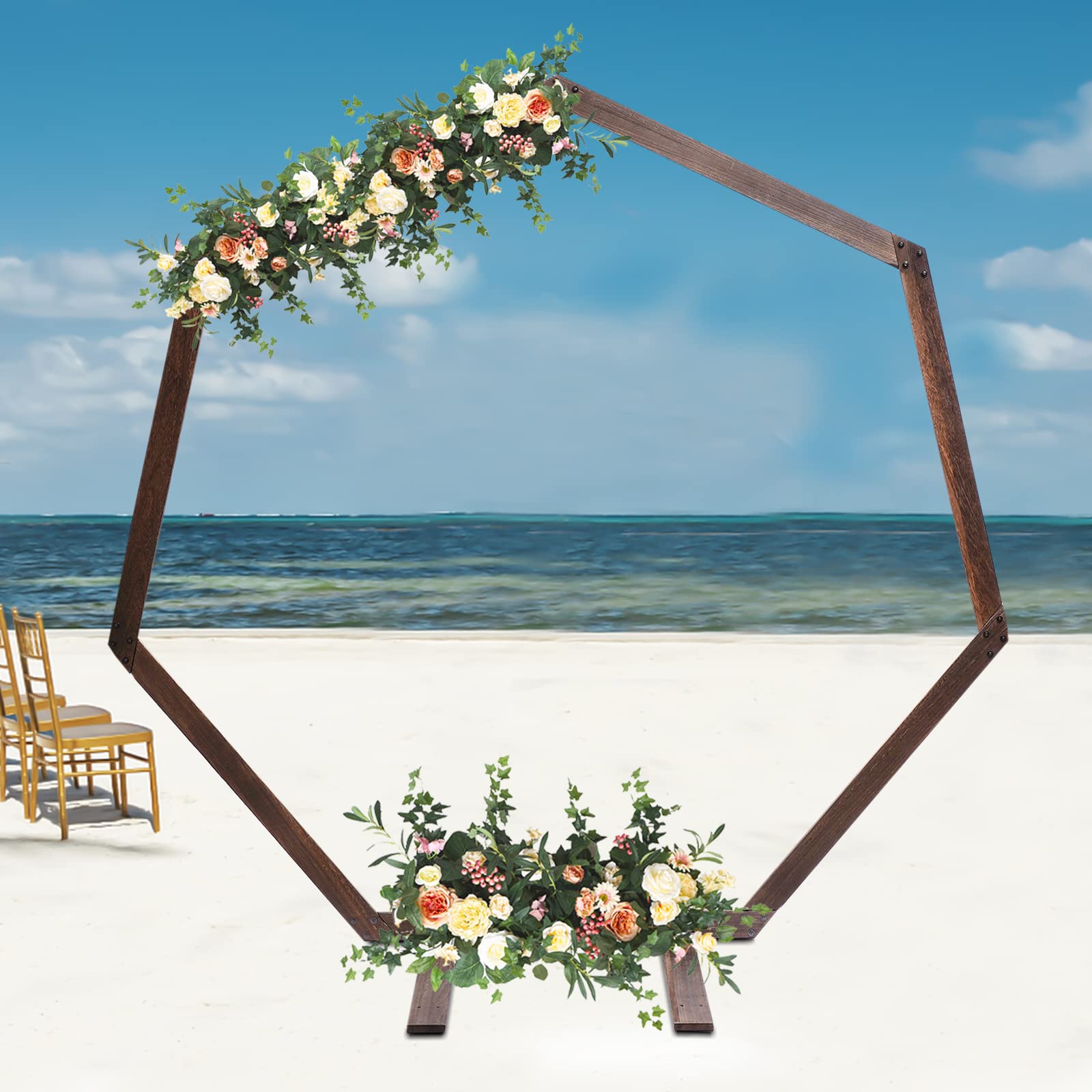 Holz Siebeneckiger Holzbogen Ballon Bogen Traubogen Hochzeit Girlande DIY Hintergrund Geburtstag Dekoration Torbogen Sechseck Stabil Kit Hochzeitsbogen Deko Ständer FüR Party 2.4 * 2.19M