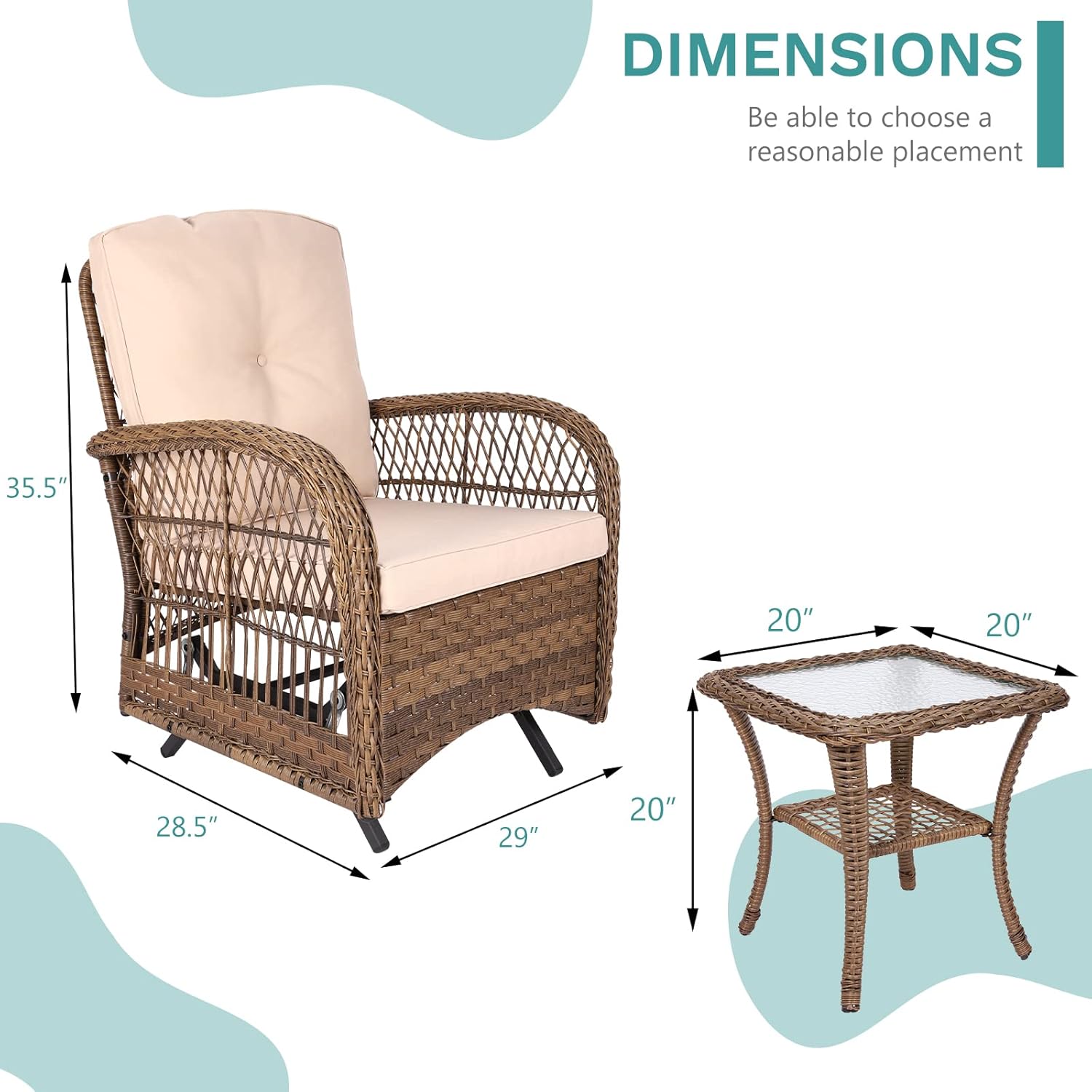 MEETWARM 3 Pieces Outdoor Patio Wicker Rocking Glider Set, Rocking Chairs Rattan Patio Furniture Sets with Glass-Top Coffee Table and Thickened Cushion, Conversation Bistro Set for Porch & Backyard