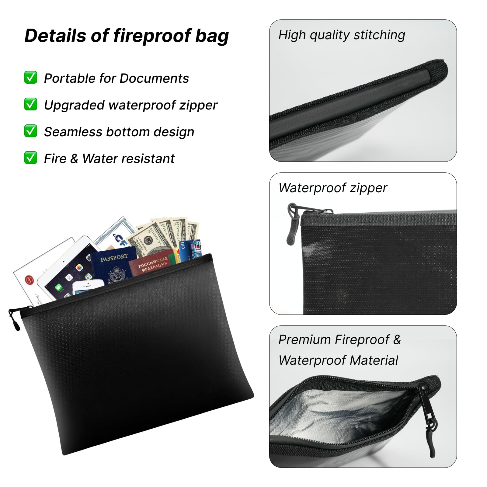 Bolsa Ignifuga e Impermeable para Documentos, Pasaportes y Dinero, 20.5 x 13.5 cm, Protección Superior contra Fuego y Humedad para Objetos de Valor