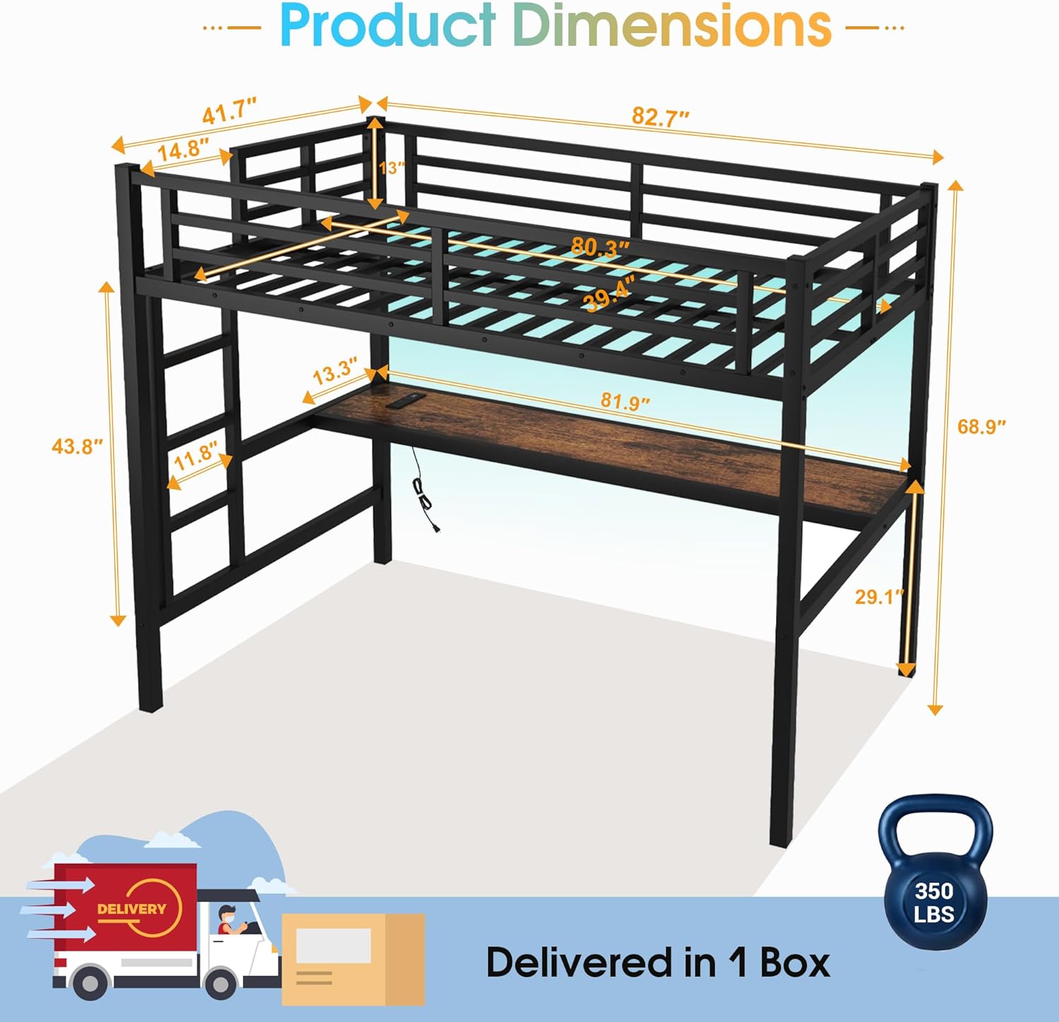 Twin XL Loft Bed with Desk, Metal High Loft Bed Frame with USB Charging Port, LED Lights & Anti-Tipping Anchor, Sturdy & Noise-Free Bunk Bed for Kids, Teens, Adults, Dorm (Black, Twin XL)