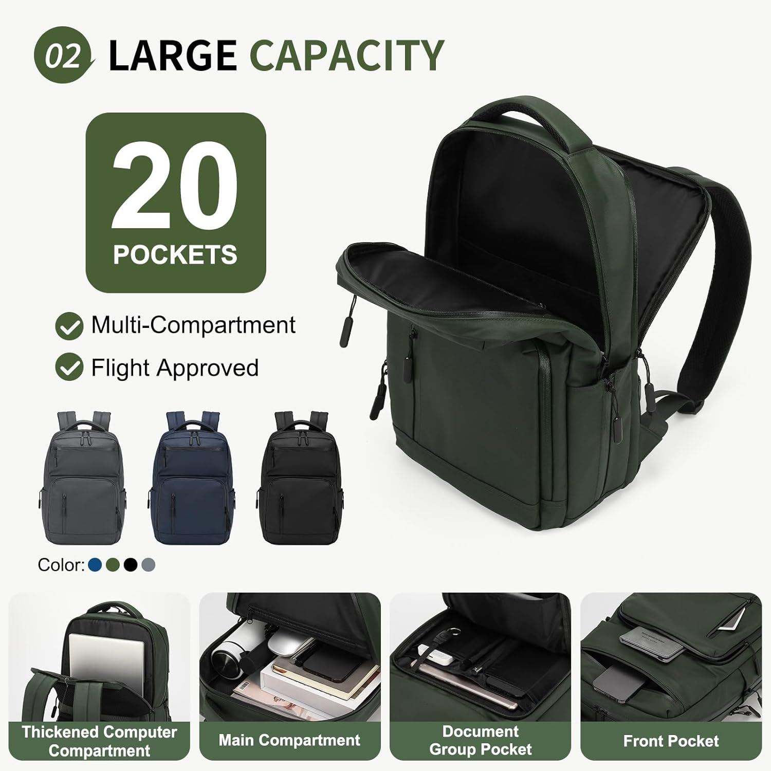 Waterproof Laptop Backpack for Men & Women, Flight Approved Anti-Theft Daypack with 15.6-inch Laptop Sleeve (Green) - Image 4