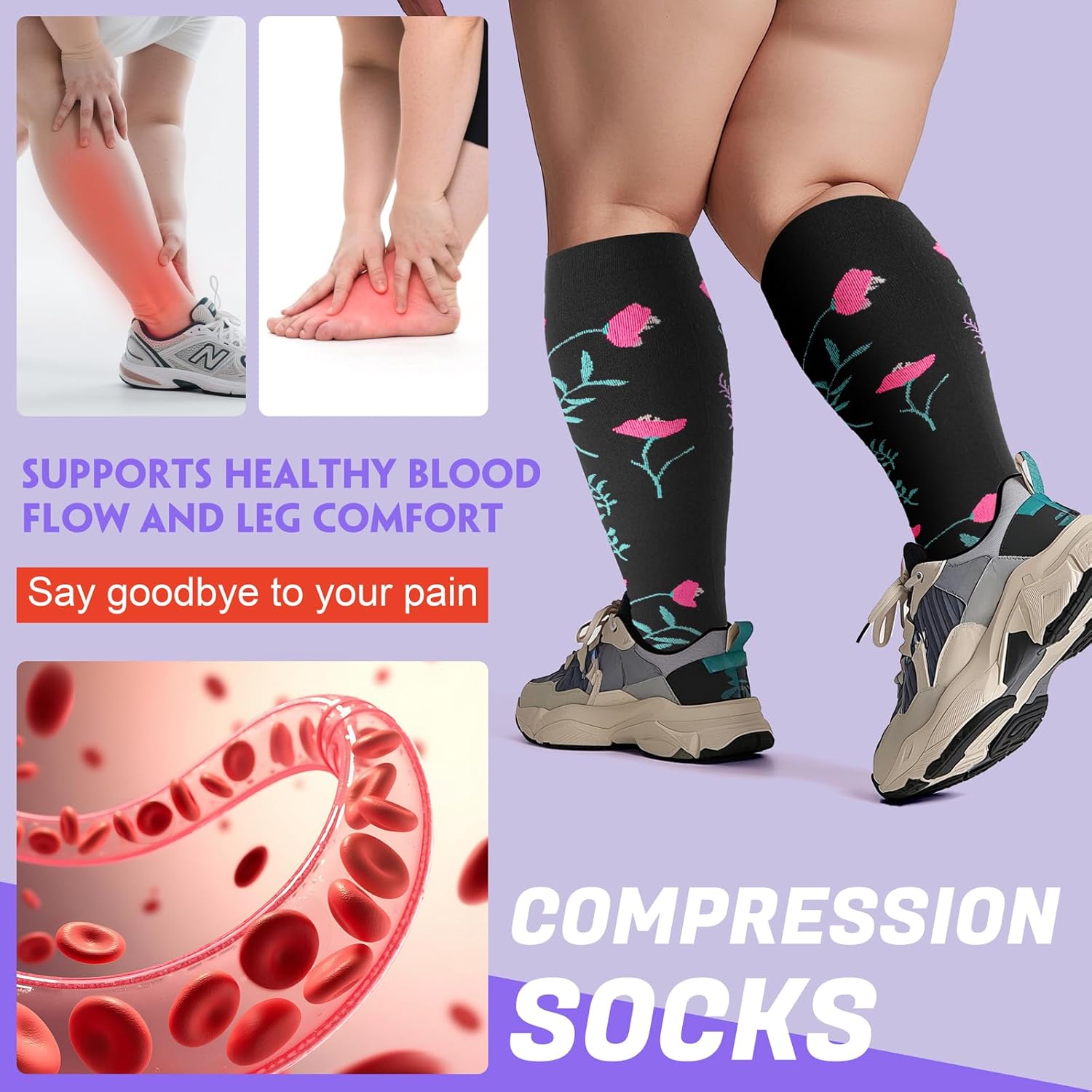 4 Pairs Plus Size Compression Socks,Extra Wide Calf 20-30 mmHg Knee High Compression Socks for Men Women Circulation - Image 3
