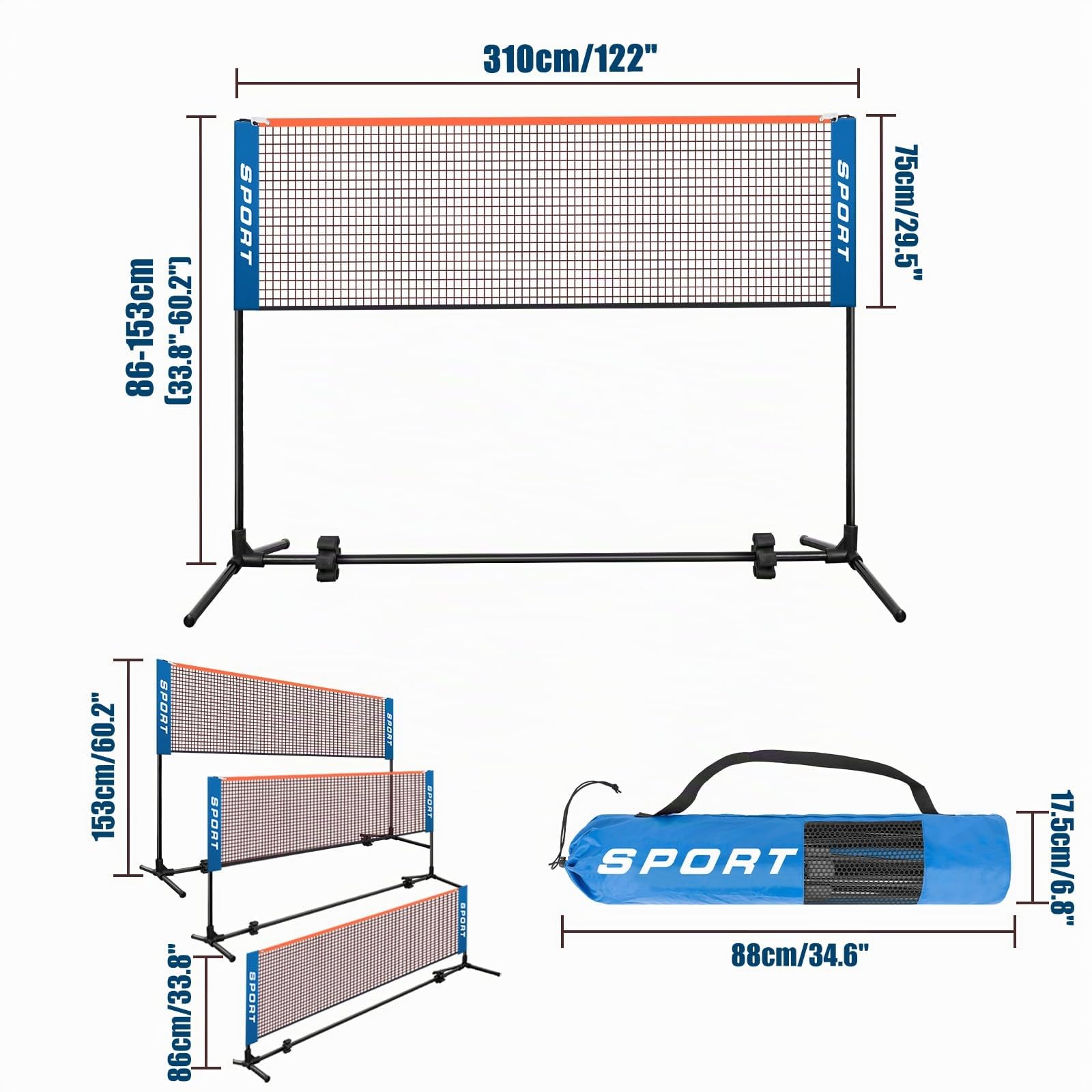 AKOZLIN Filet de badminton portable réglable en hauteur avec bâtons et sac de transport pour badminton, volley-ball, tennis, pickleball, football – Installation facile