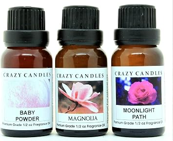 Crazy Candles 3 Bottles Set, 1 Baby Powder, 1 Magnolia, 1 Moonlight Path 1/2 Fl Oz Each 15ml Premium Grade Scented Fragrance Oils