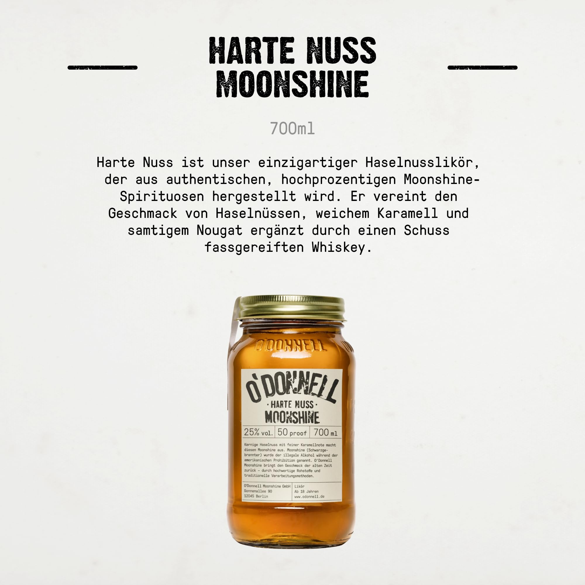 O'Donnell Moonshine Haselnusslikör Harte Nuss Geschenkset (+ Ausgießer) – Nuss Likör mit Whiskey & Karamell Geschmak (700ml) in Original Mason Jar – 25% Premium Spirituose Made in Berlin